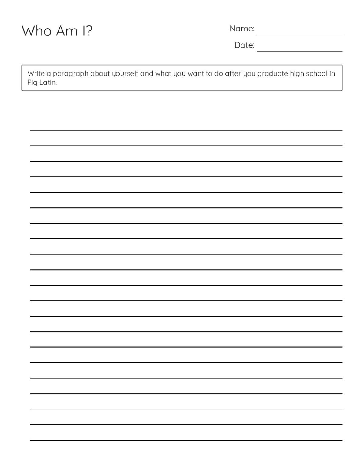 Printable middle-school writing worksheet asking students to write about themselves in Pig Latin.