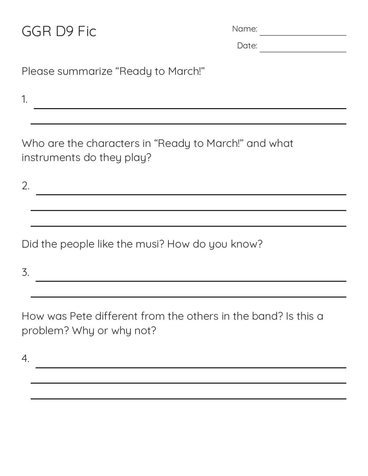 2nd grade reading comprehension worksheet about "Ready to March!" with questions about characters, instruments, and story events.