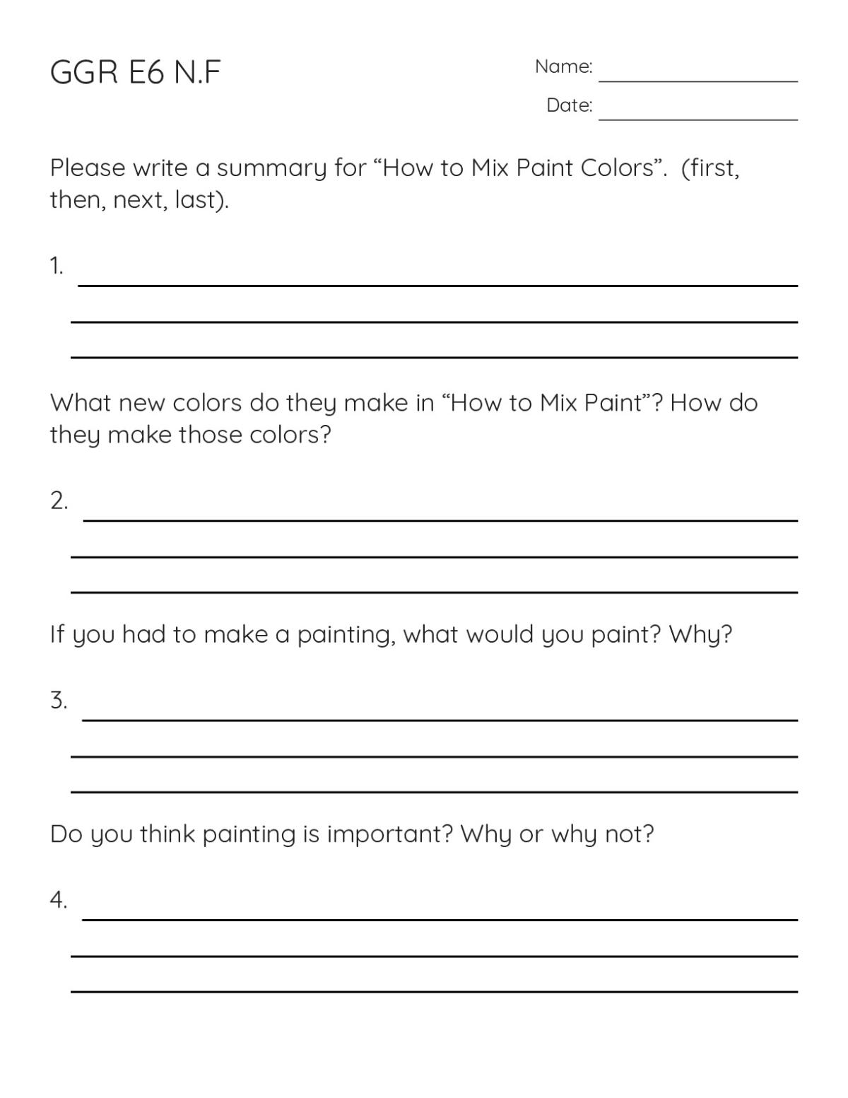 Printable 2nd grade worksheet with reading comprehension and writing questions about mixing paint colors.