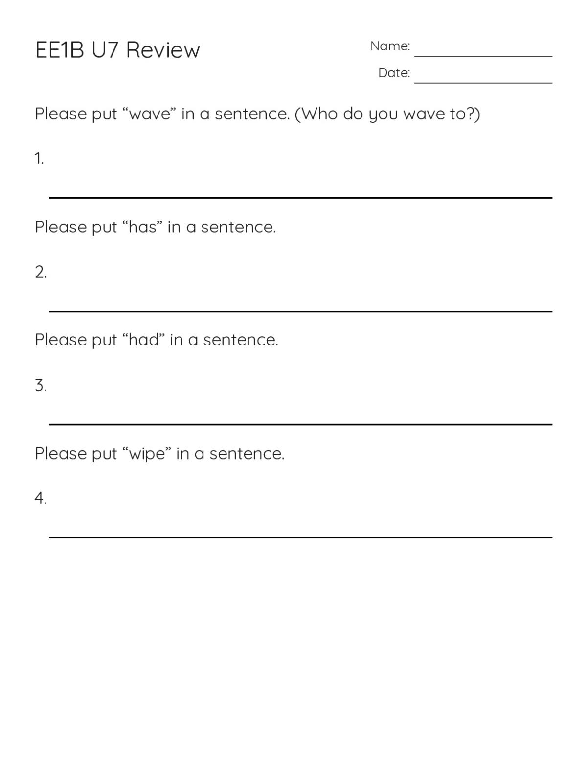 2nd grade review worksheet with sentence-writing and reading-comprehension questions about vocabulary and verbs.