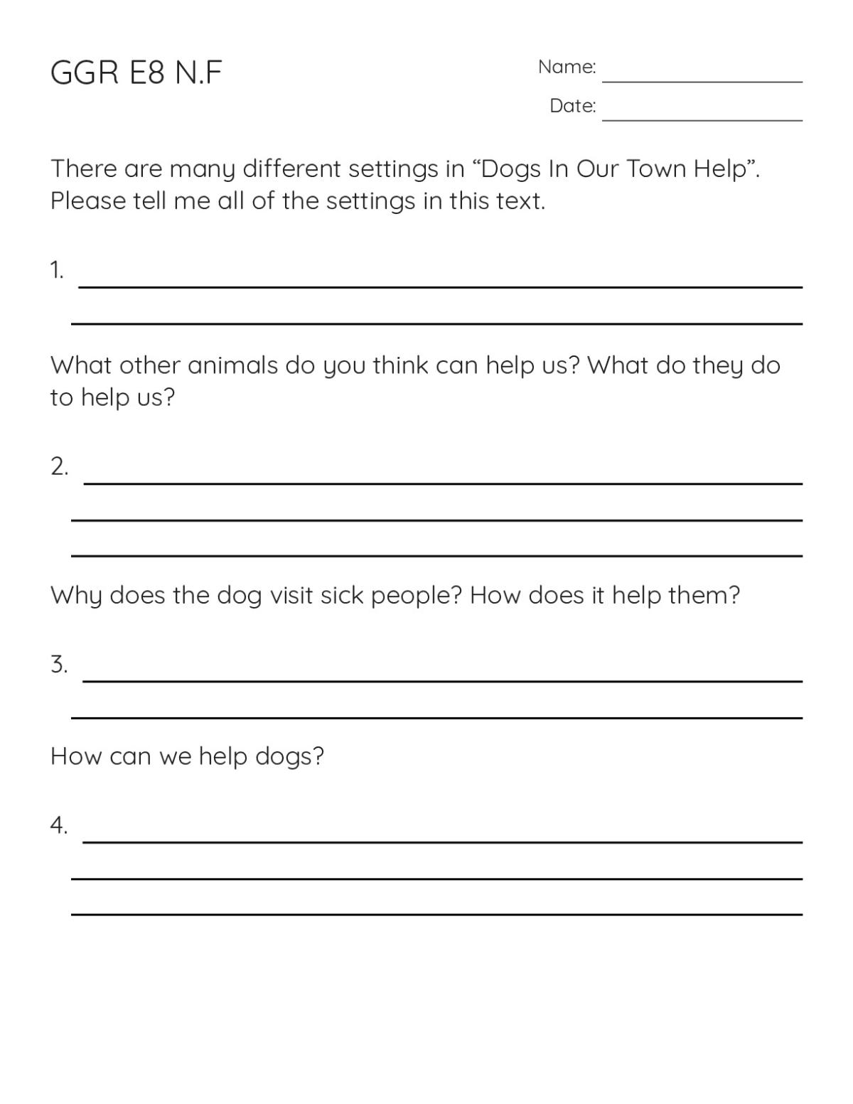 Printable 2nd grade reading comprehension worksheet with guided questions about "Dogs in Our Town Help" and how animals help people.