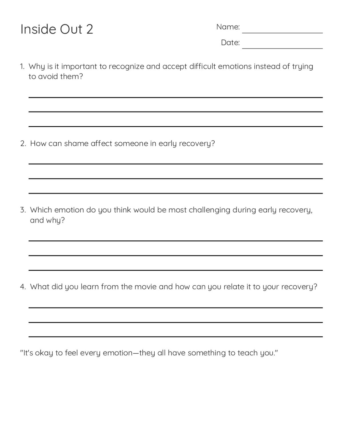 Printable worksheet with four open-response questions about Inside Out 2, emotions, and recovery for therapeutic or counseling use.