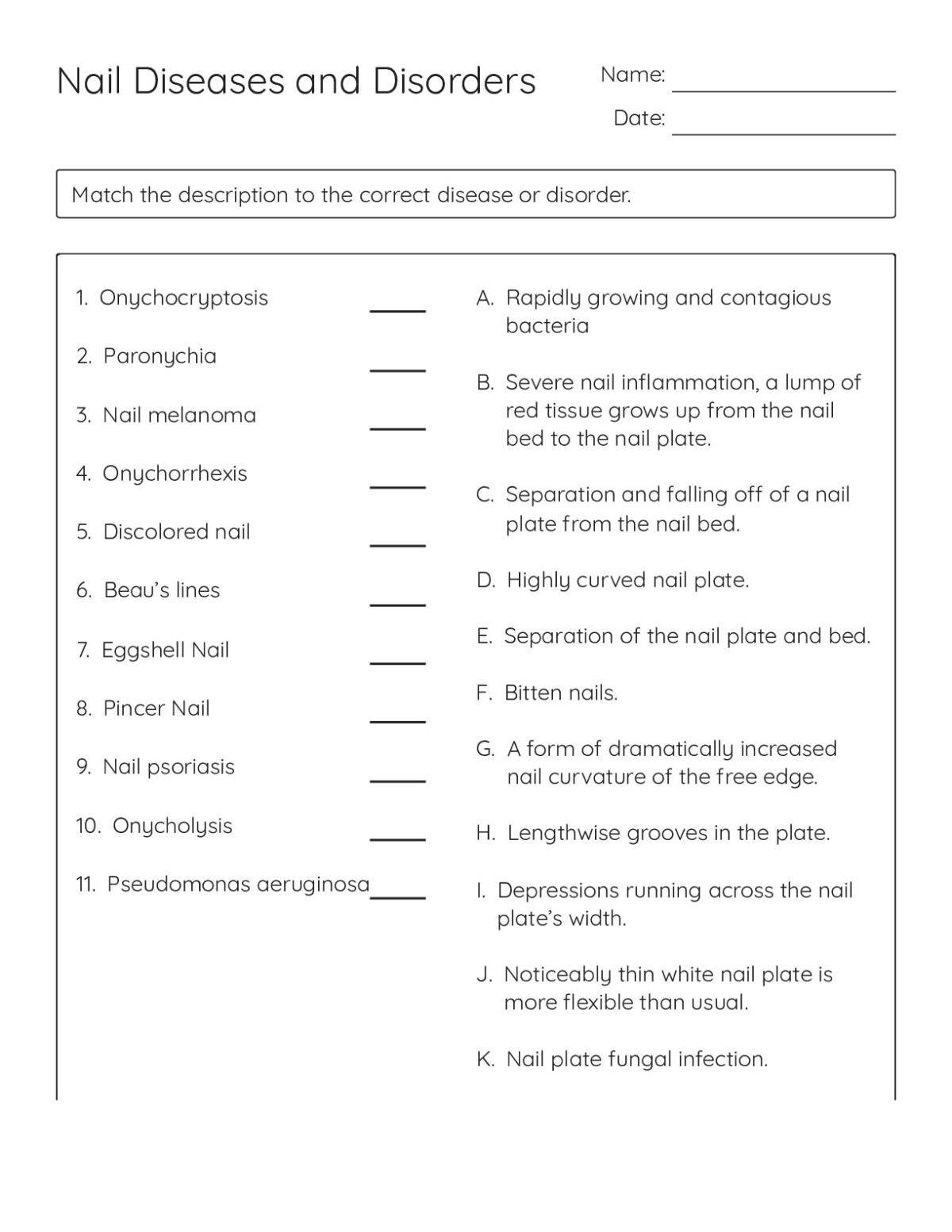 Printable matching worksheet with 20 nail diseases and disorders including onychomycosis, paronychia, and nail melanoma for healthcare training.
