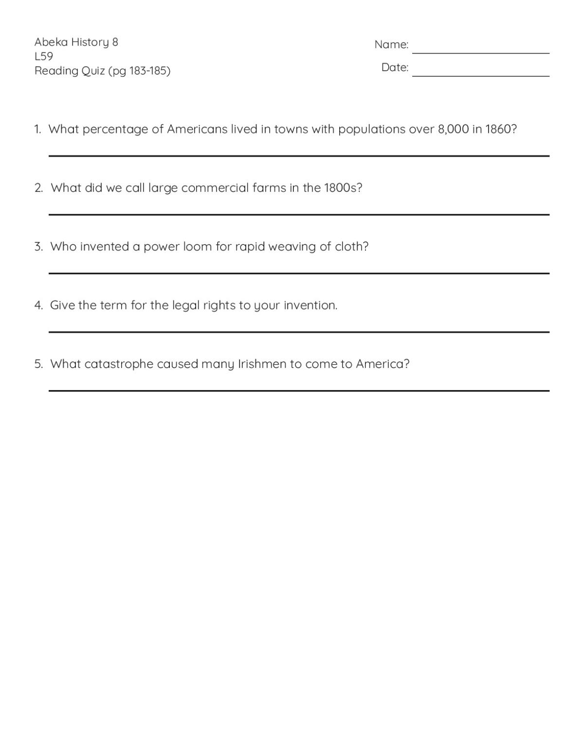 Printable 8th grade history quiz on American industrialization, featuring questions about urbanization, farming, inventions, and immigration.