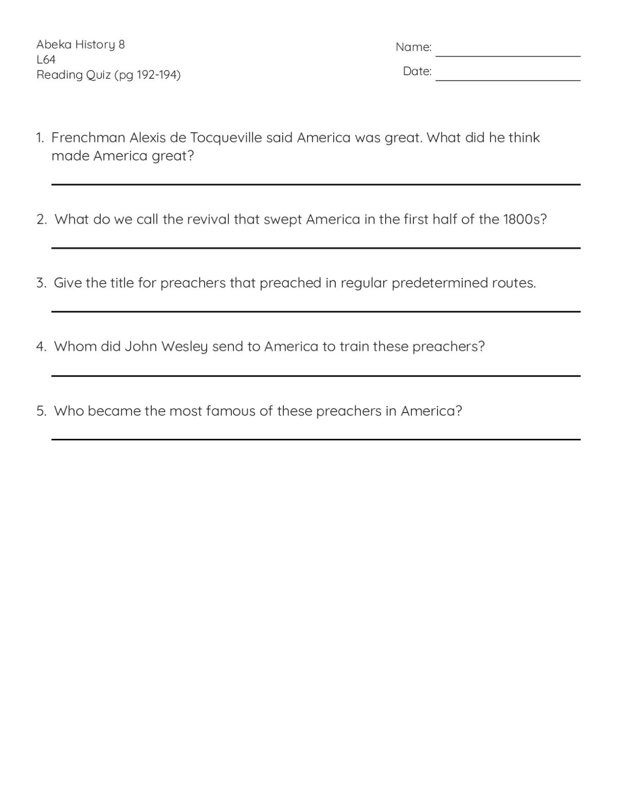 8th grade history reading quiz with questions on American religious revival, circuit preachers, and early 1800s revivalists.