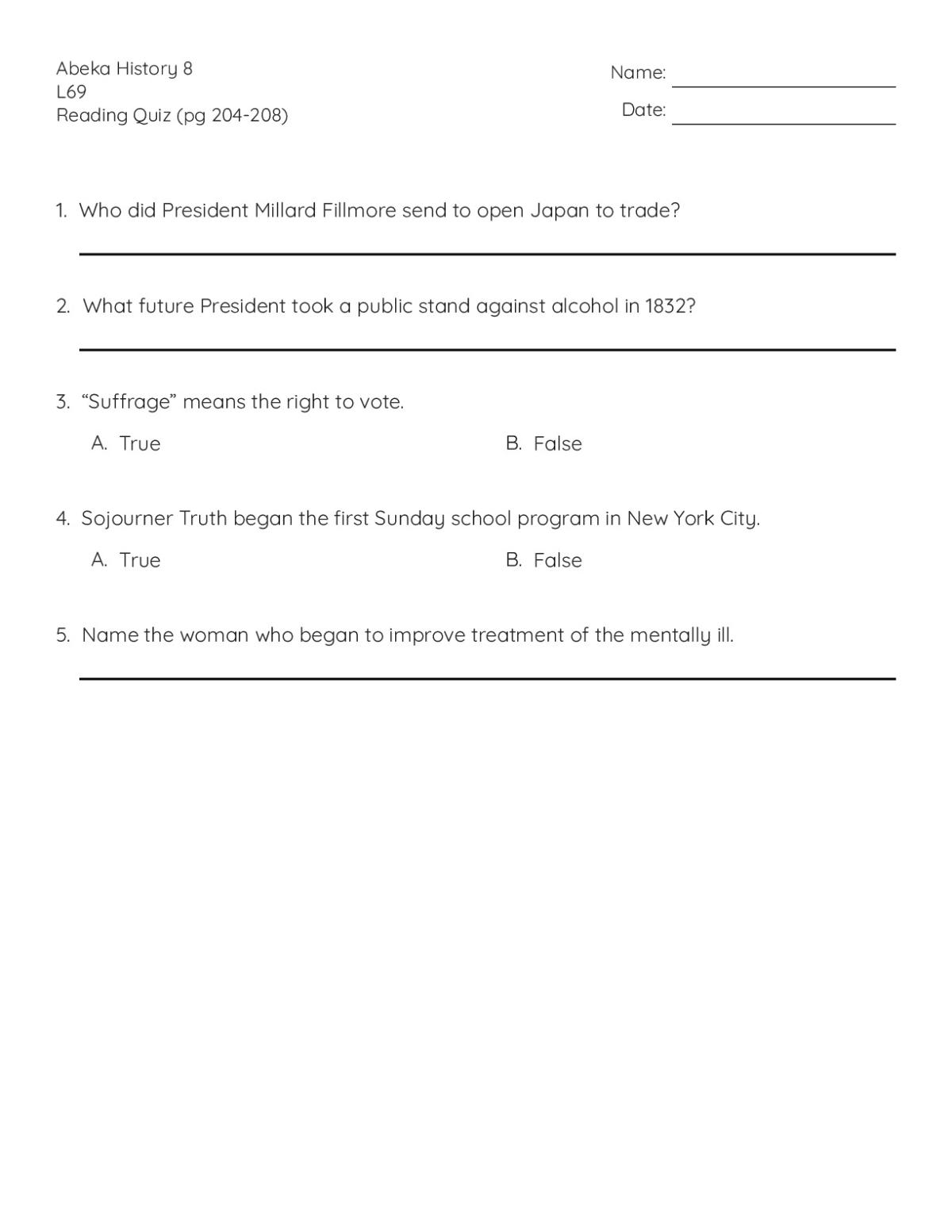 8th grade American history reading quiz with questions on President Fillmore, suffrage, and 19th-century social reform.