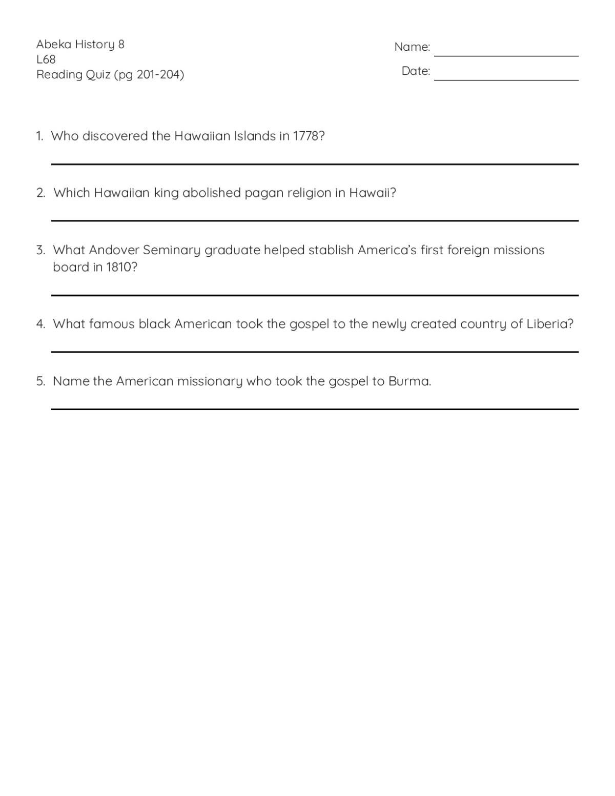 Printable 8th grade history quiz on American missionaries and exploration in Hawaii, Liberia, and Burma.