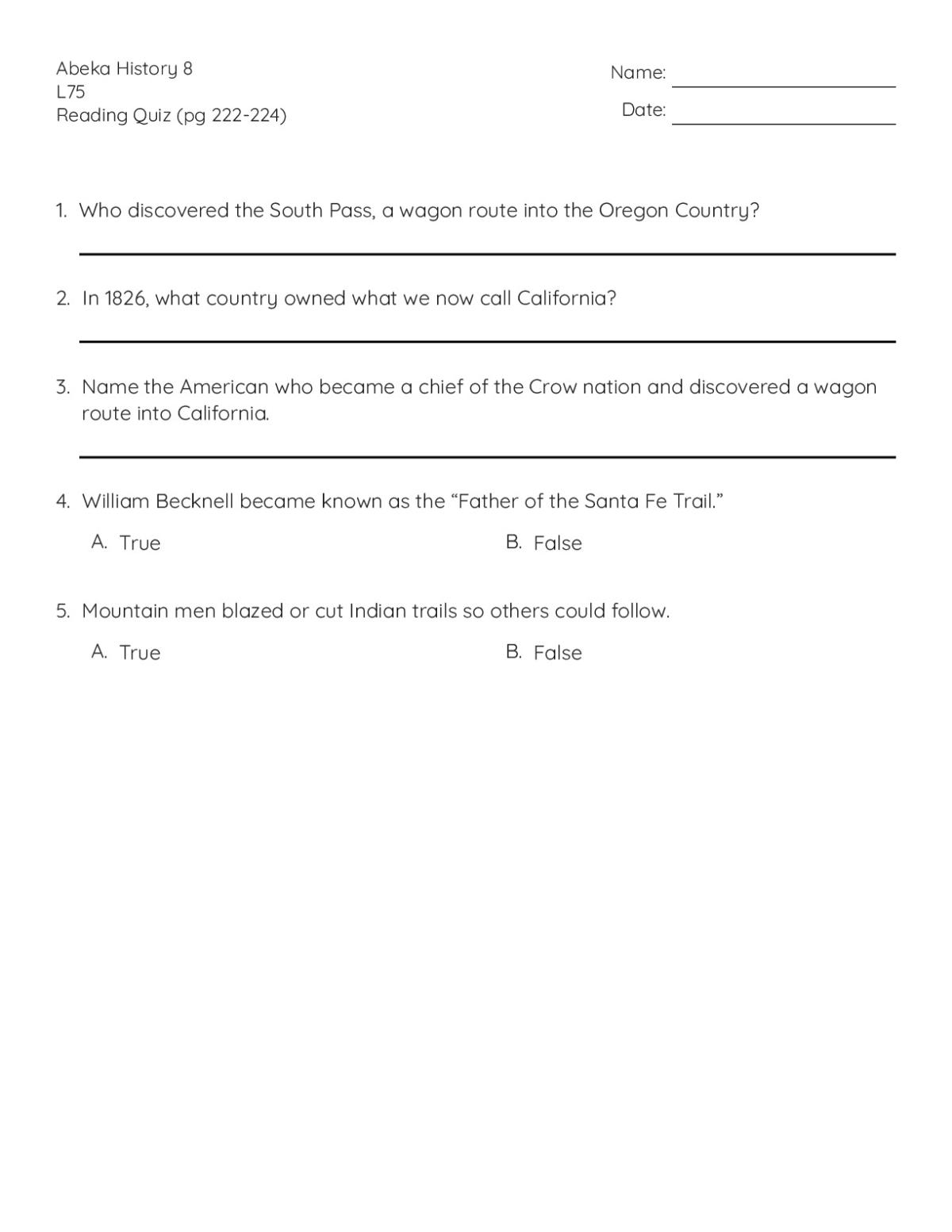 8th grade US history reading quiz on westward expansion, mountain men, and the Santa Fe Trail with five questions.
