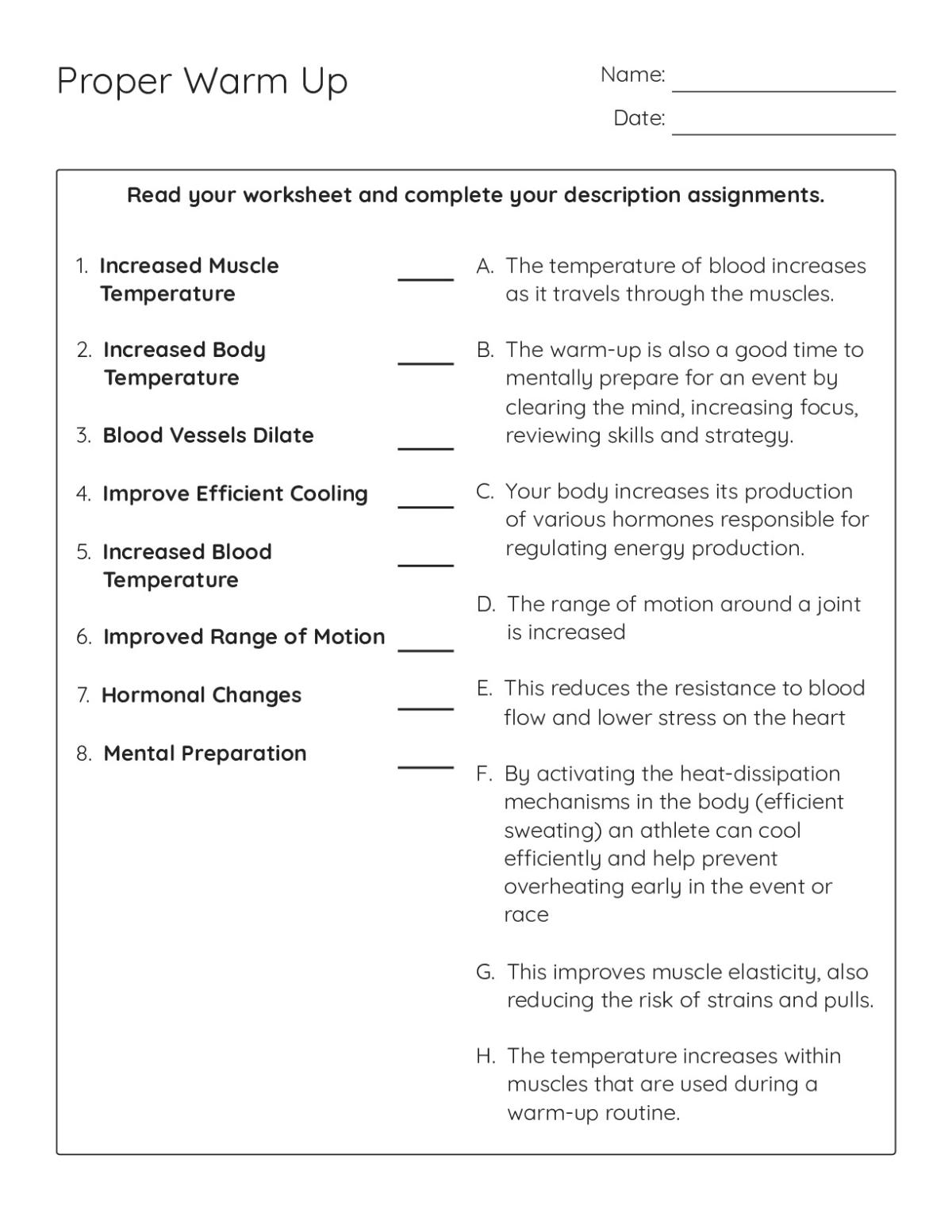 Printable 9th–10th grade matching worksheet on warm-up physiology including muscle temperature, blood vessels, and mental preparation.