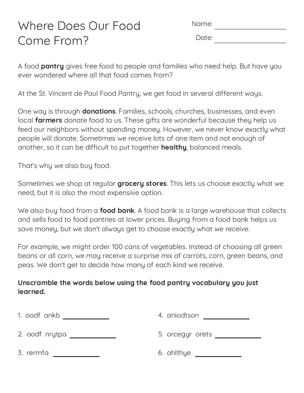 Word scramble worksheet for Grades 3 and 4 on food pantries with vocabulary words like food bank, donations, and grocery store.