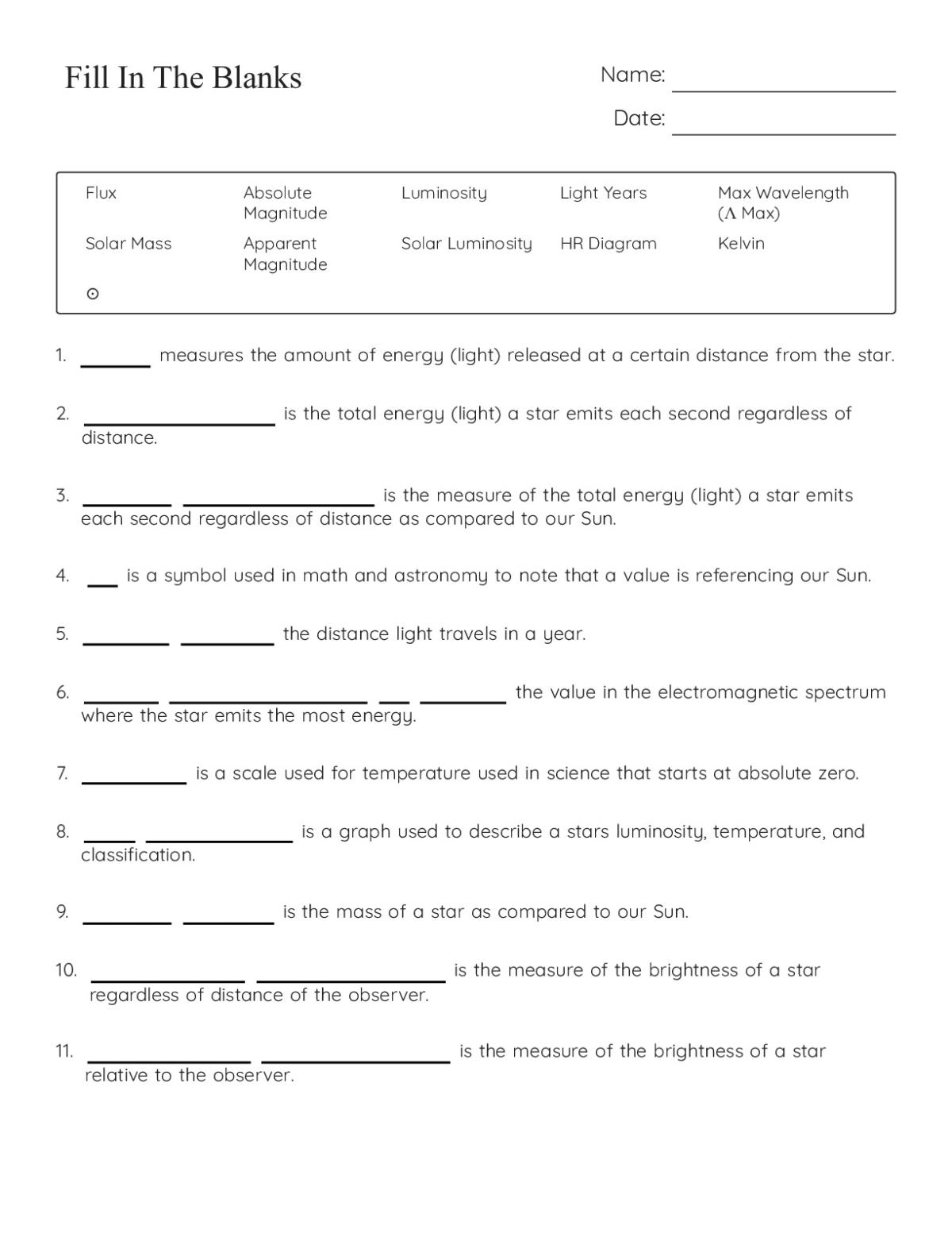 College astronomy worksheet with 11 fill-in-the-blank definitions on flux, luminosity, magnitude, and stellar properties.
