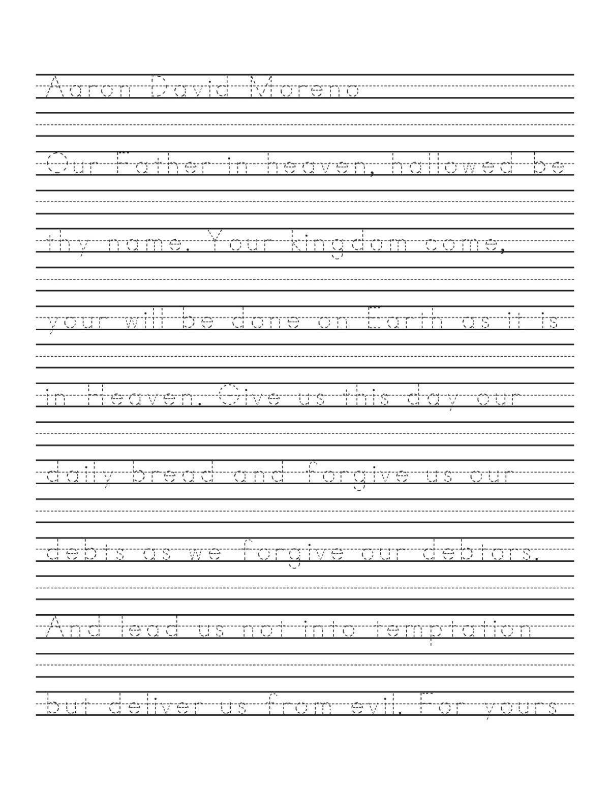 1st grade handwriting worksheet with Christian scripture passages including The Lord's Prayer and Ten Commandments.