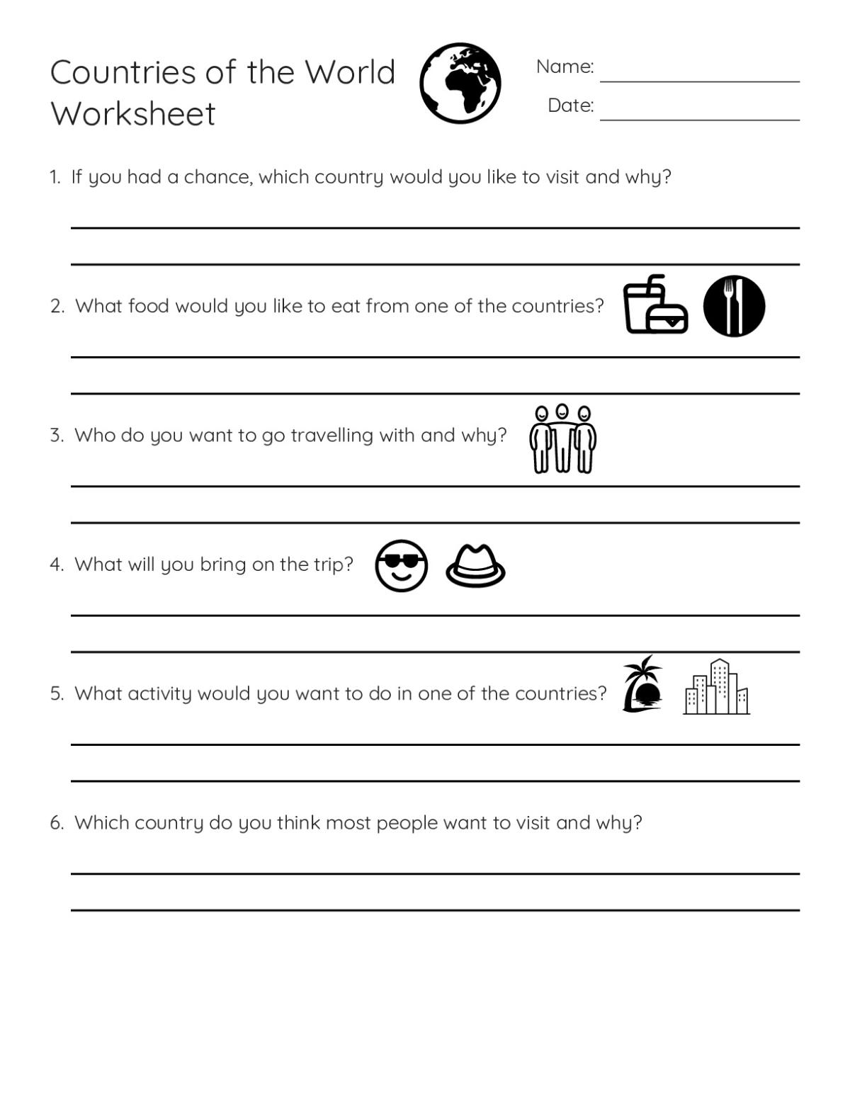 Printable 3rd grade writing worksheet with six prompts about countries, travel, food, and cultural activities.
