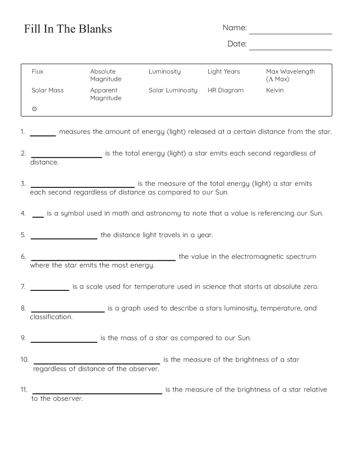 College-level astronomy worksheet with fill-in-the-blank questions on stellar properties including luminosity, magnitude, and HR diagrams.