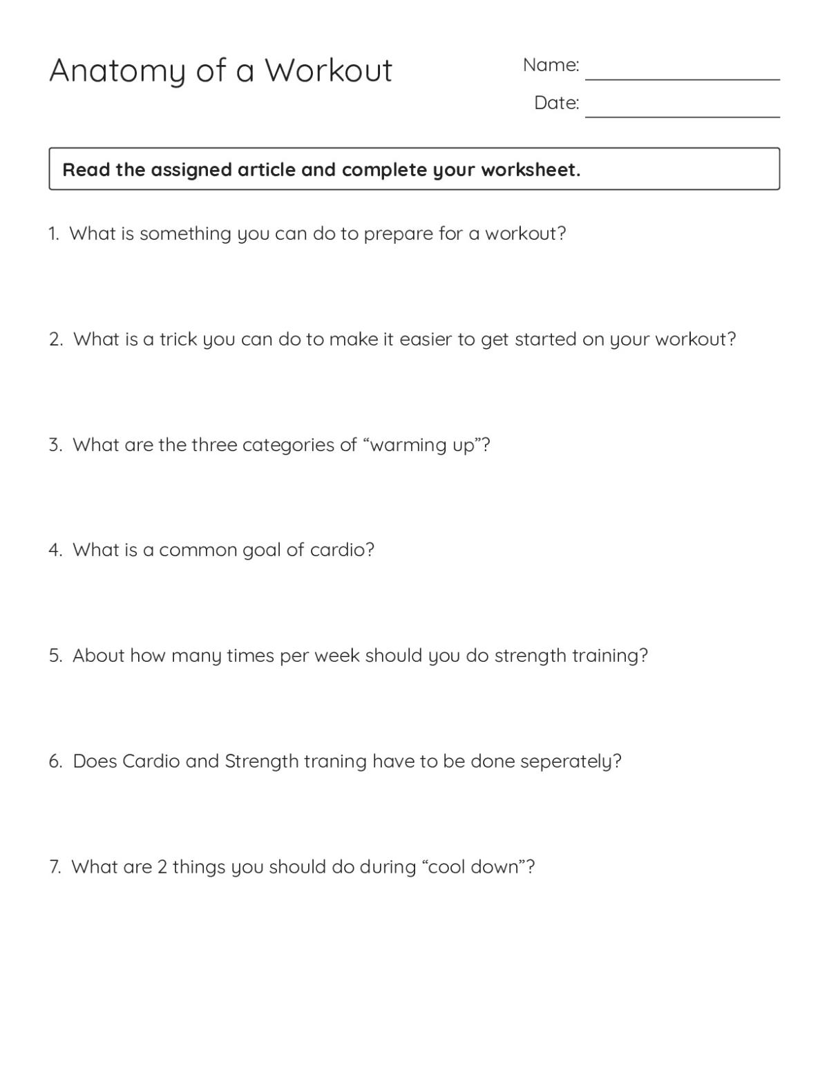 Health and fitness worksheet for high school students with seven questions about workout structure, warm-up, cardio, and cool-down.