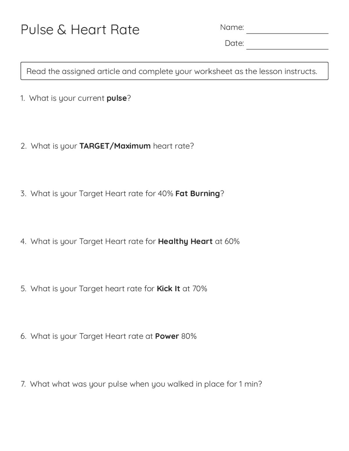Printable Grades 9–10 health science worksheet about pulse and target heart rates during exercise at different intensities.