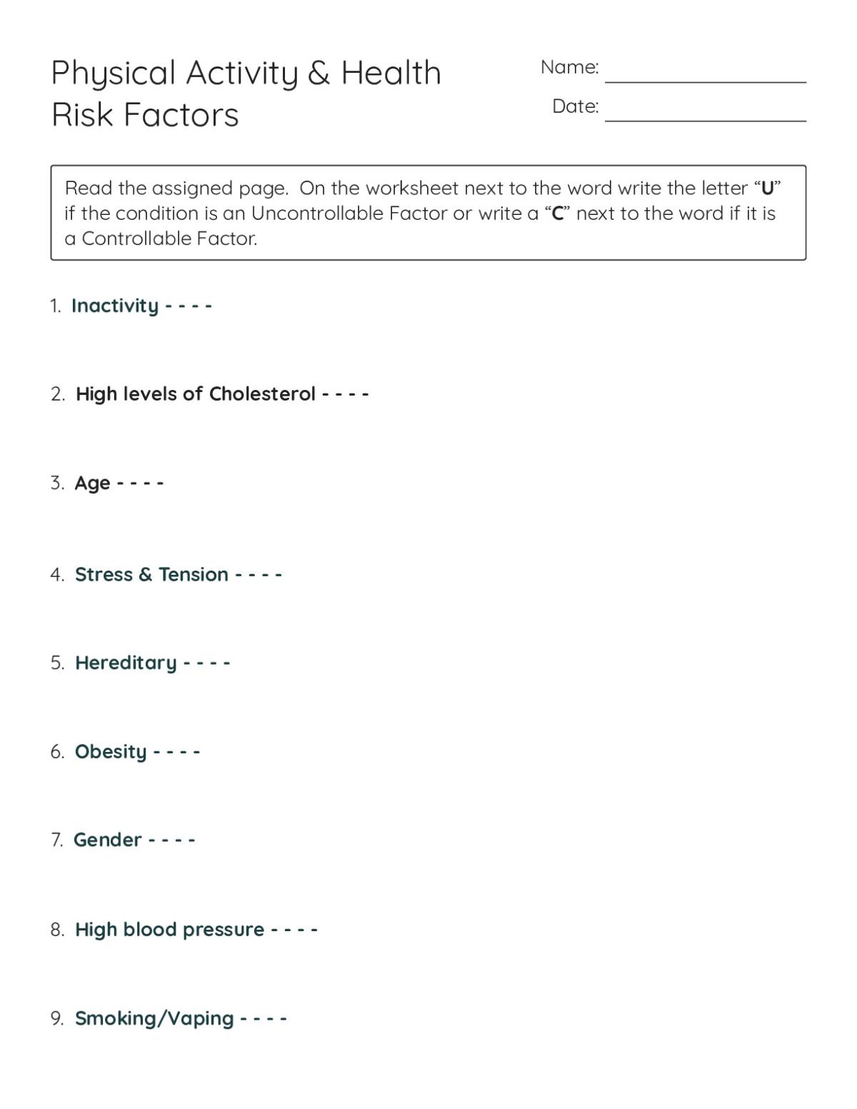 Printable health worksheet for Grades 9 and 10 on classifying health risk factors as controllable or uncontrollable.