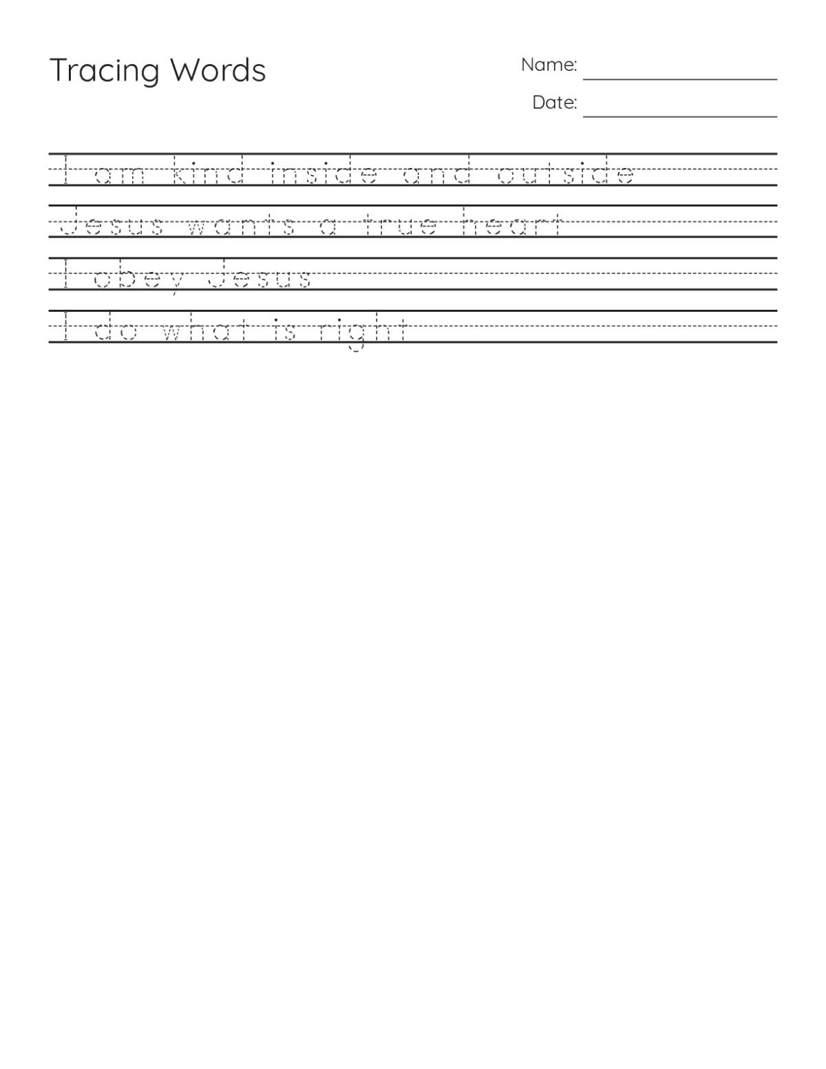Printable handwriting-tracing worksheet for Pre-K to 2nd grade with sentences about Christian values: kindness, faith, obedience, and doing right.