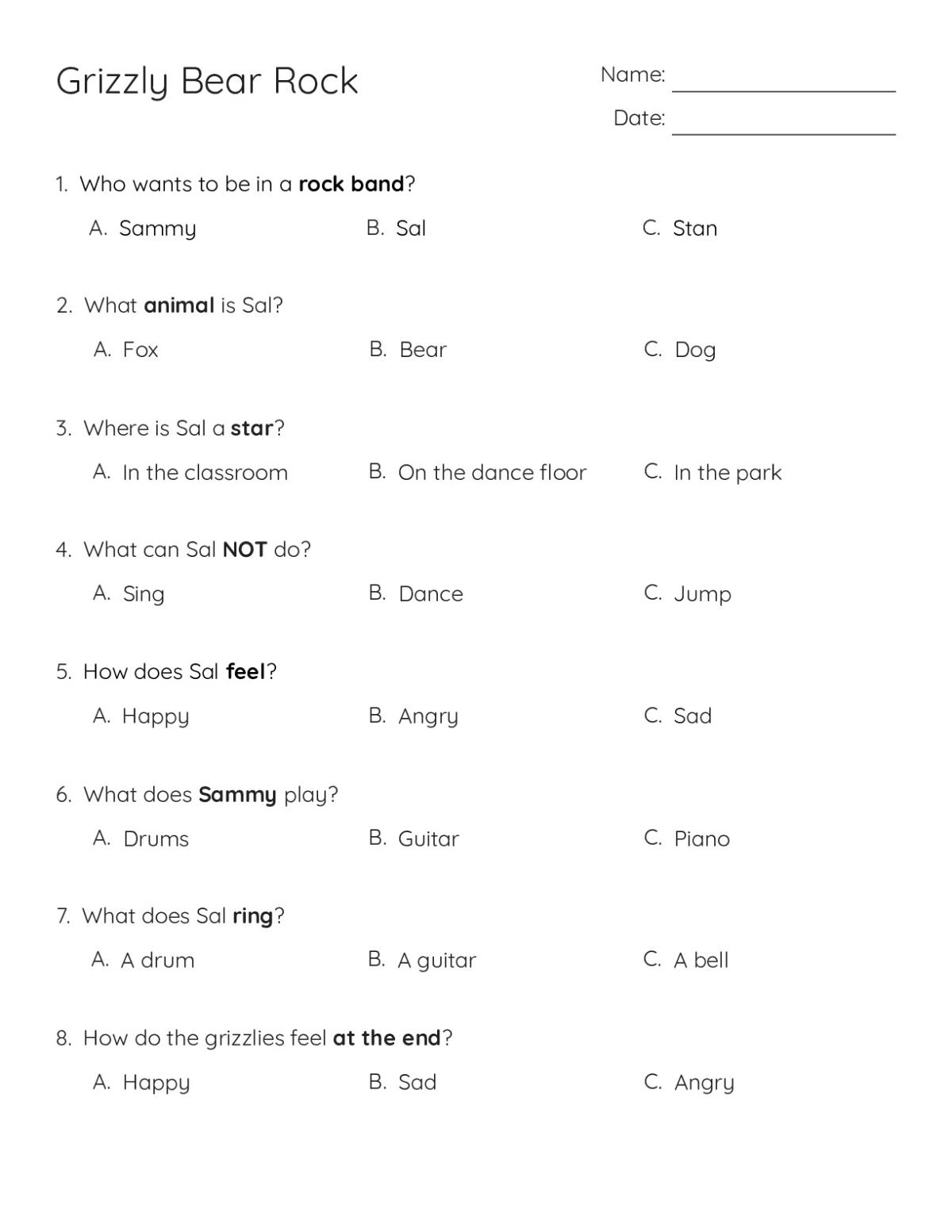 Pre-K literacy worksheet for "Grizzly Bear Rock" with story comprehension questions, word bank, and a creative drawing activity about rock bands.