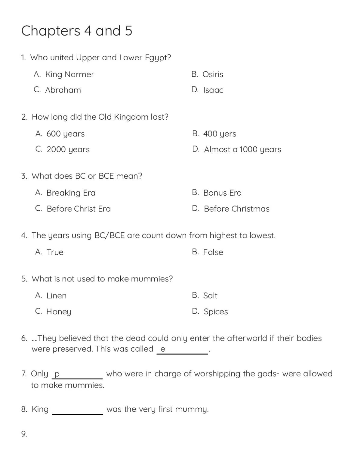Printable history test for Grades 7 and 8 with multiple-choice questions on ancient Egypt and Mesopotamia, including mummification and pyramids.