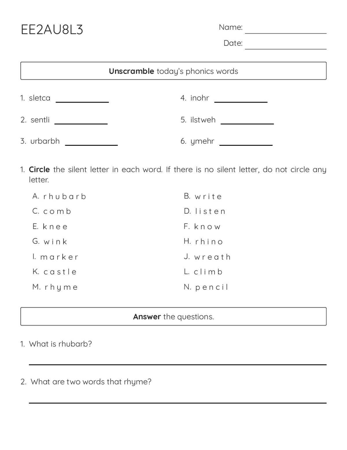 Kindergarten phonics worksheet with unscrambling activities, silent letter identification, and fill-in-the-blank sentences featuring castle, whistle, and rhino.