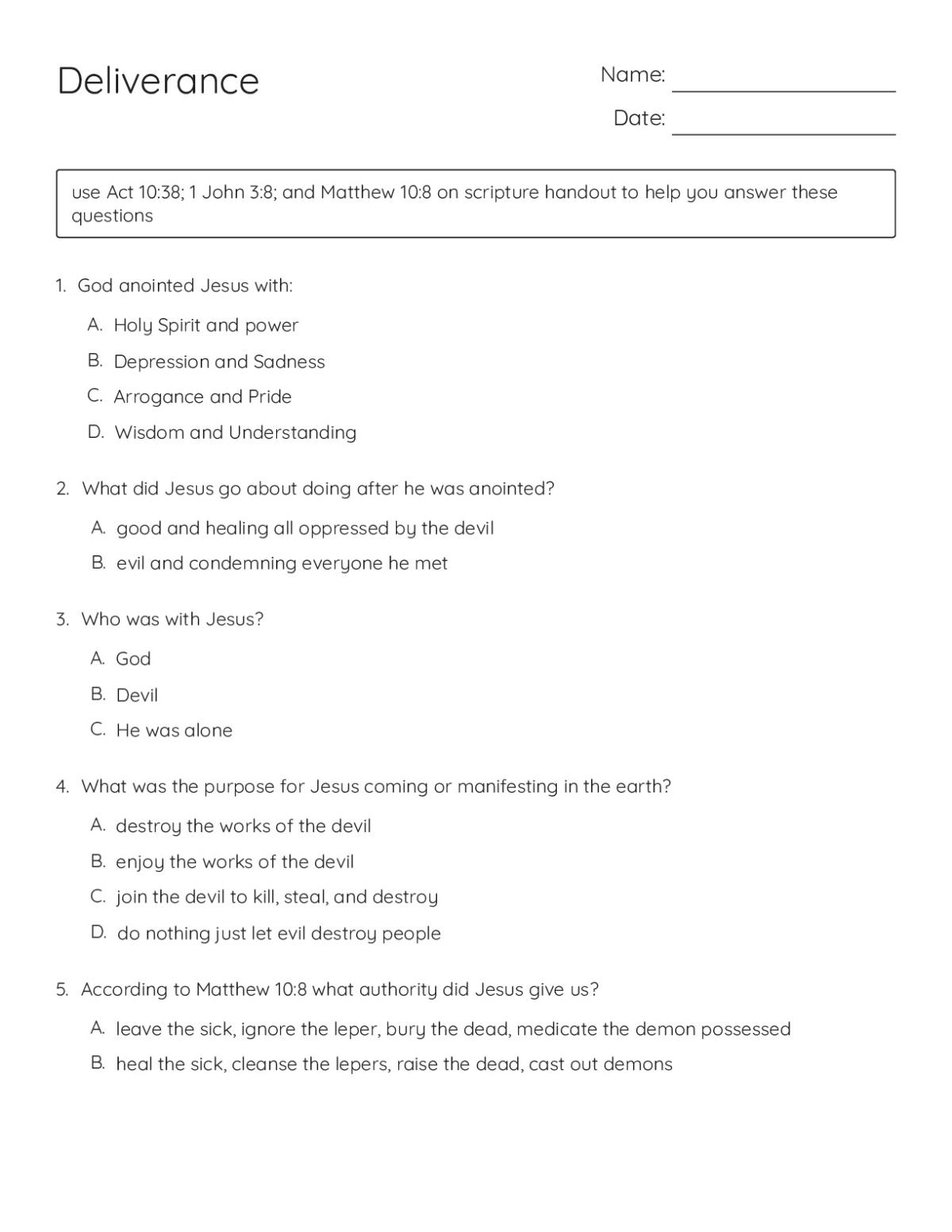 Printable 6th grade Bible study worksheet with multiple-choice questions about Jesus' ministry and authority from scripture passages.