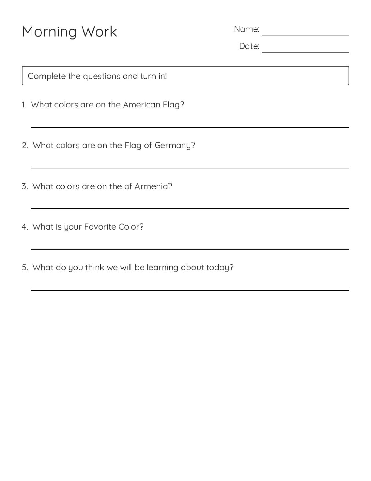 Printable morning work worksheet with questions about the colors of American, German, and Armenian flags.