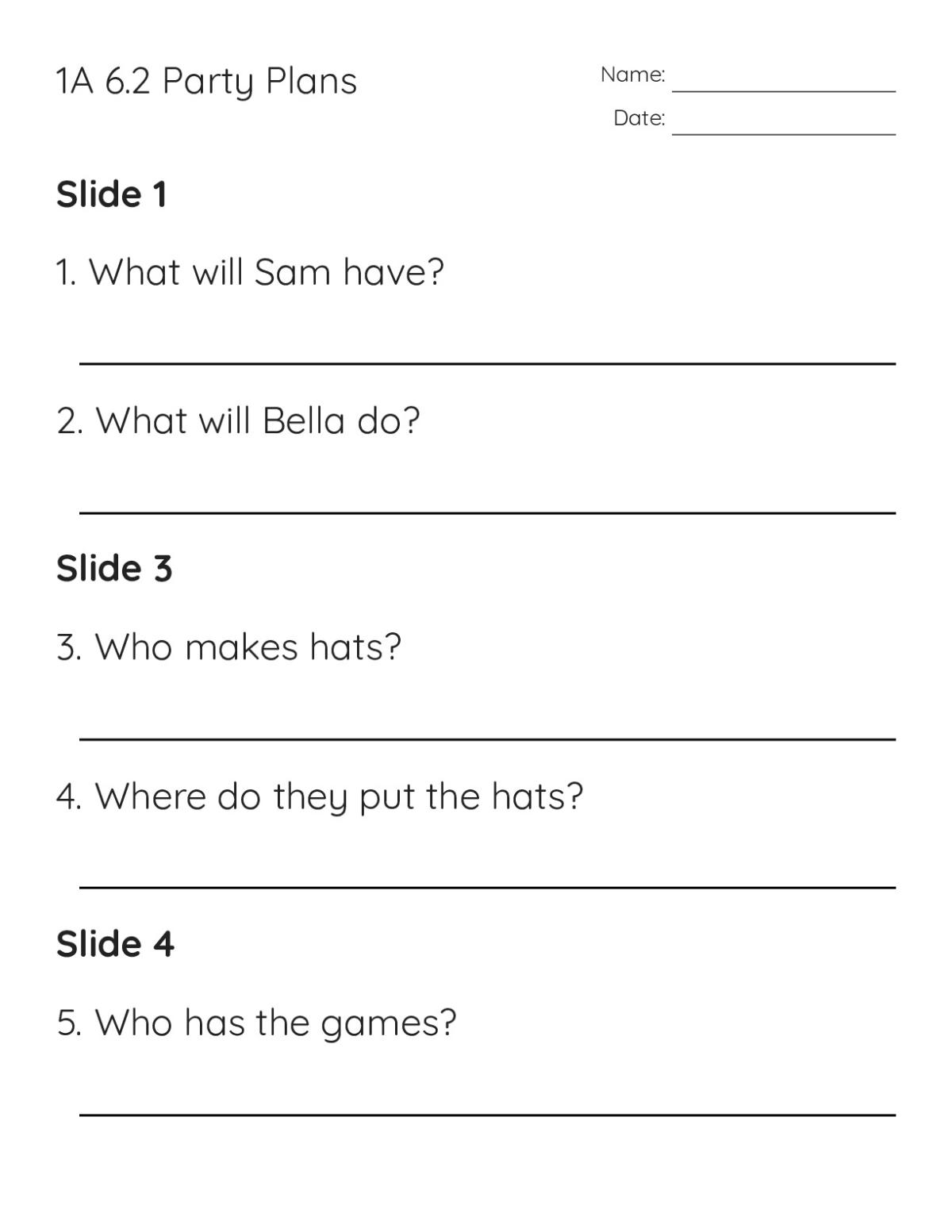 Printable 3rd grade reading worksheet with 11 comprehension questions about characters preparing for a party.
