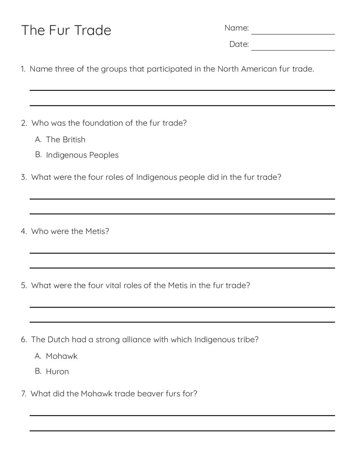 Printable 9th grade history worksheet on the North American fur trade, Indigenous peoples, the Métis, and European fur companies.