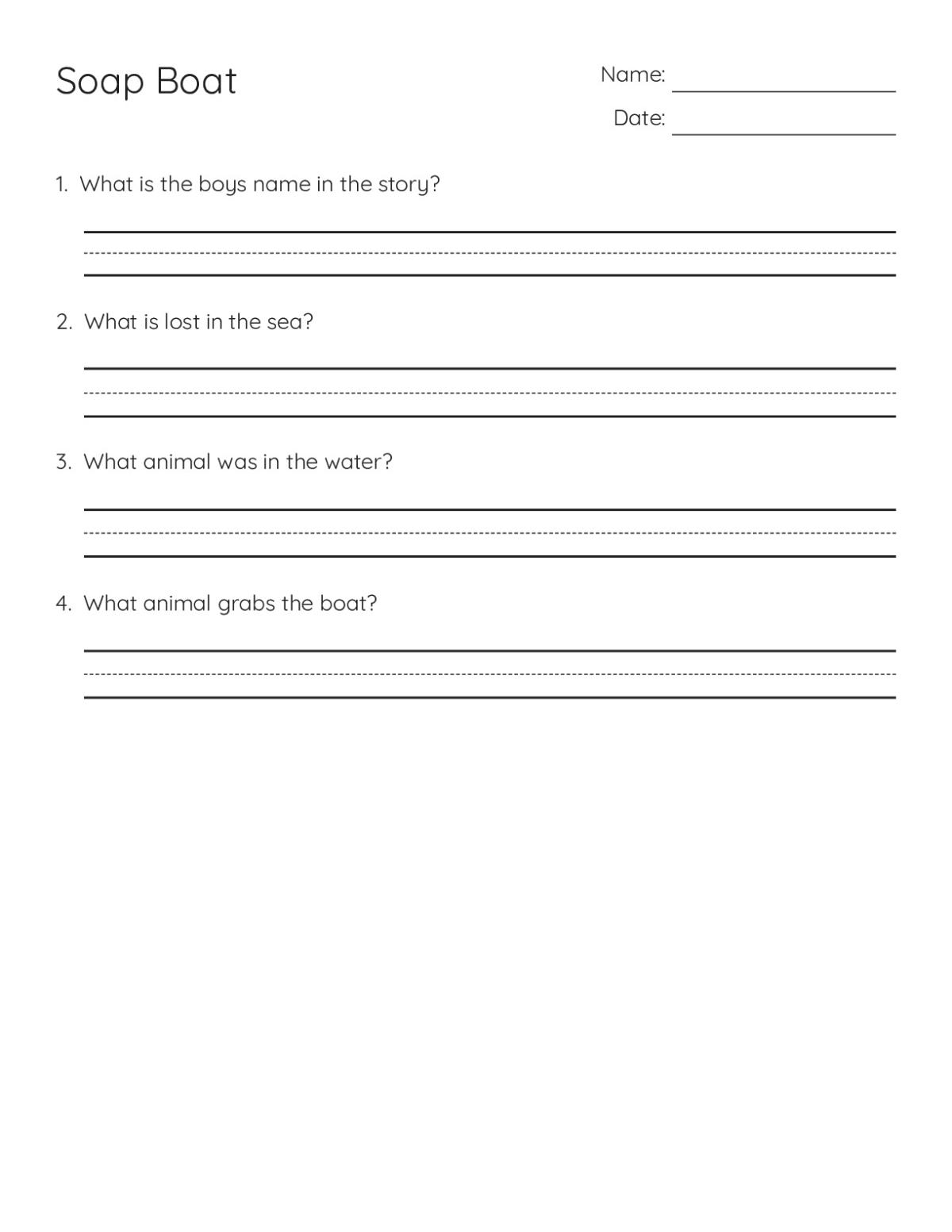 Pre-K reading comprehension worksheet with handwriting line and story questions about the Soap Boat narrative.