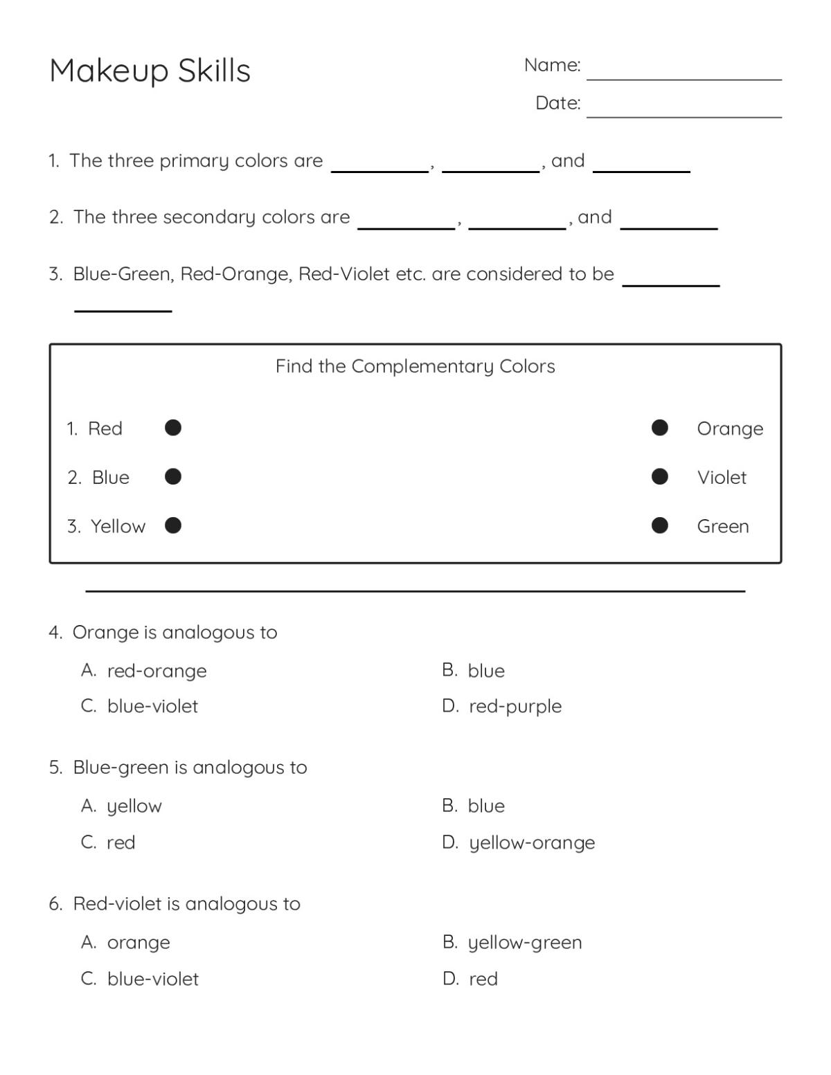College-level makeup artistry worksheet with questions on color theory, face shapes, foundation types, makeup brushes, and application techniques.