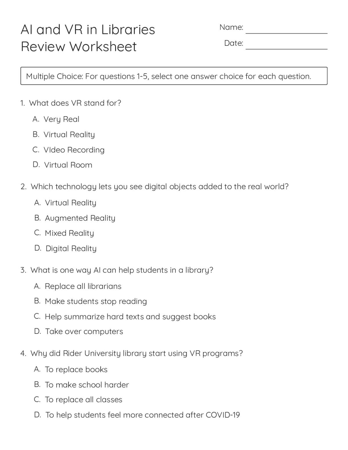 Printable review worksheet for Grades 5 and 6 on AI and VR in libraries, with multiple-choice, fill-in-the-blank, and discussion questions.