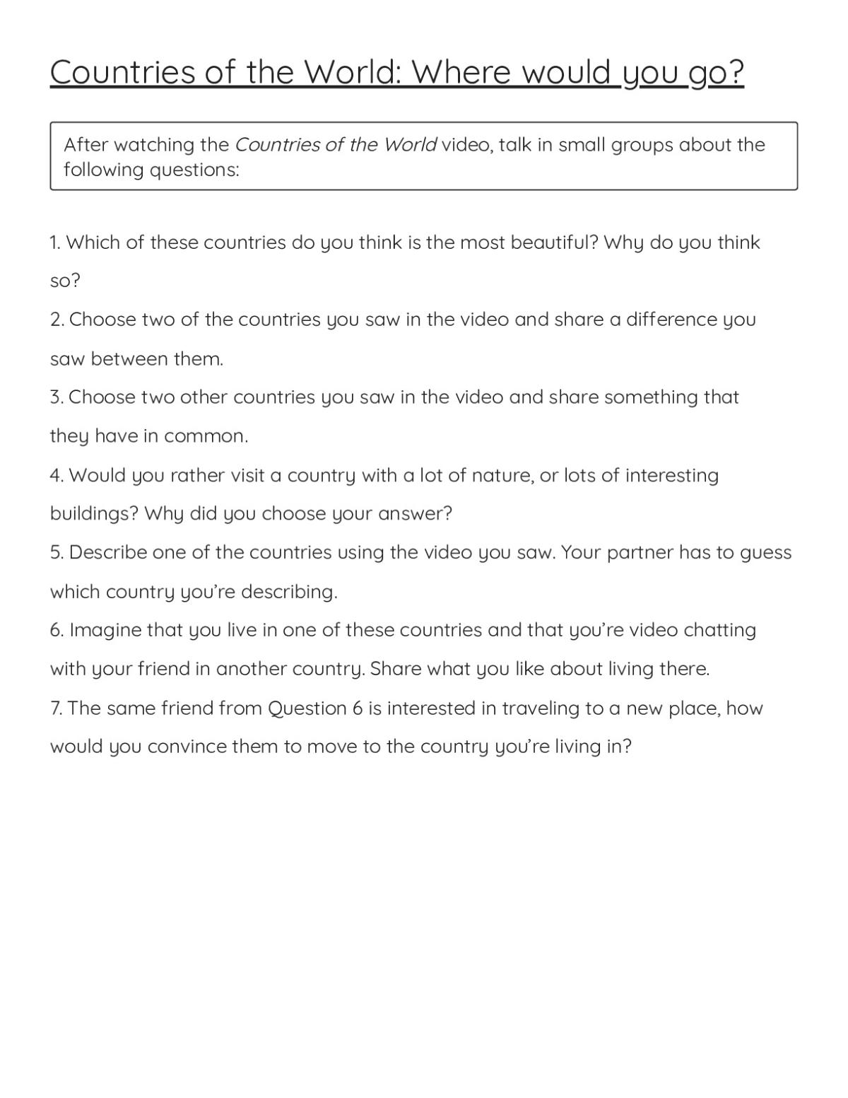 Printable discussion-prompt worksheet for Grades 3 and 4 with seven questions about countries from a video activity.