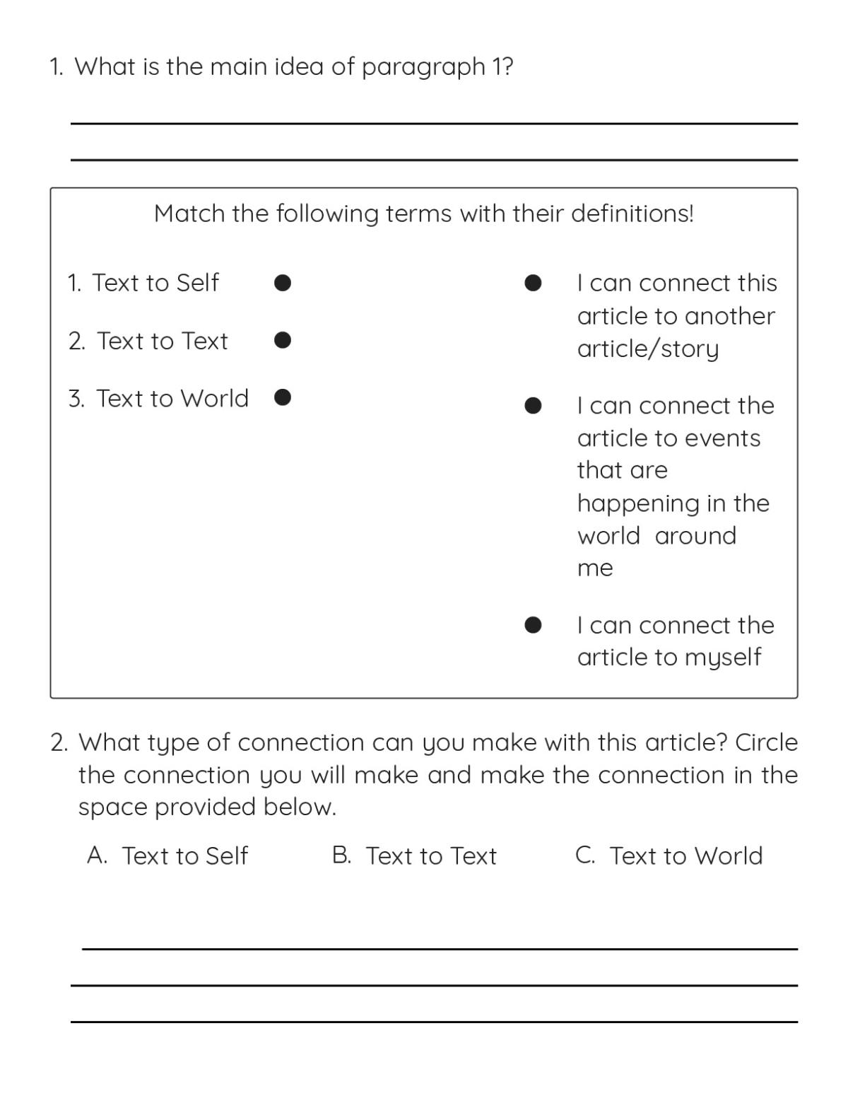 Printable 3rd grade reading worksheet with main idea, text-to-self and text-to-world connections, and summarization activities.