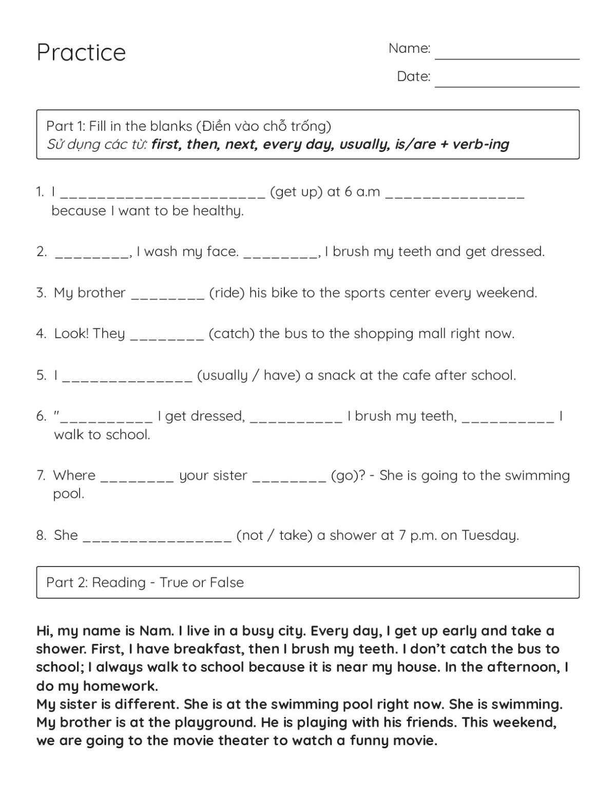Printable Grade 5 ESL worksheet with fill-in-the-blank and reading comprehension questions on present-tense verbs and daily routines.