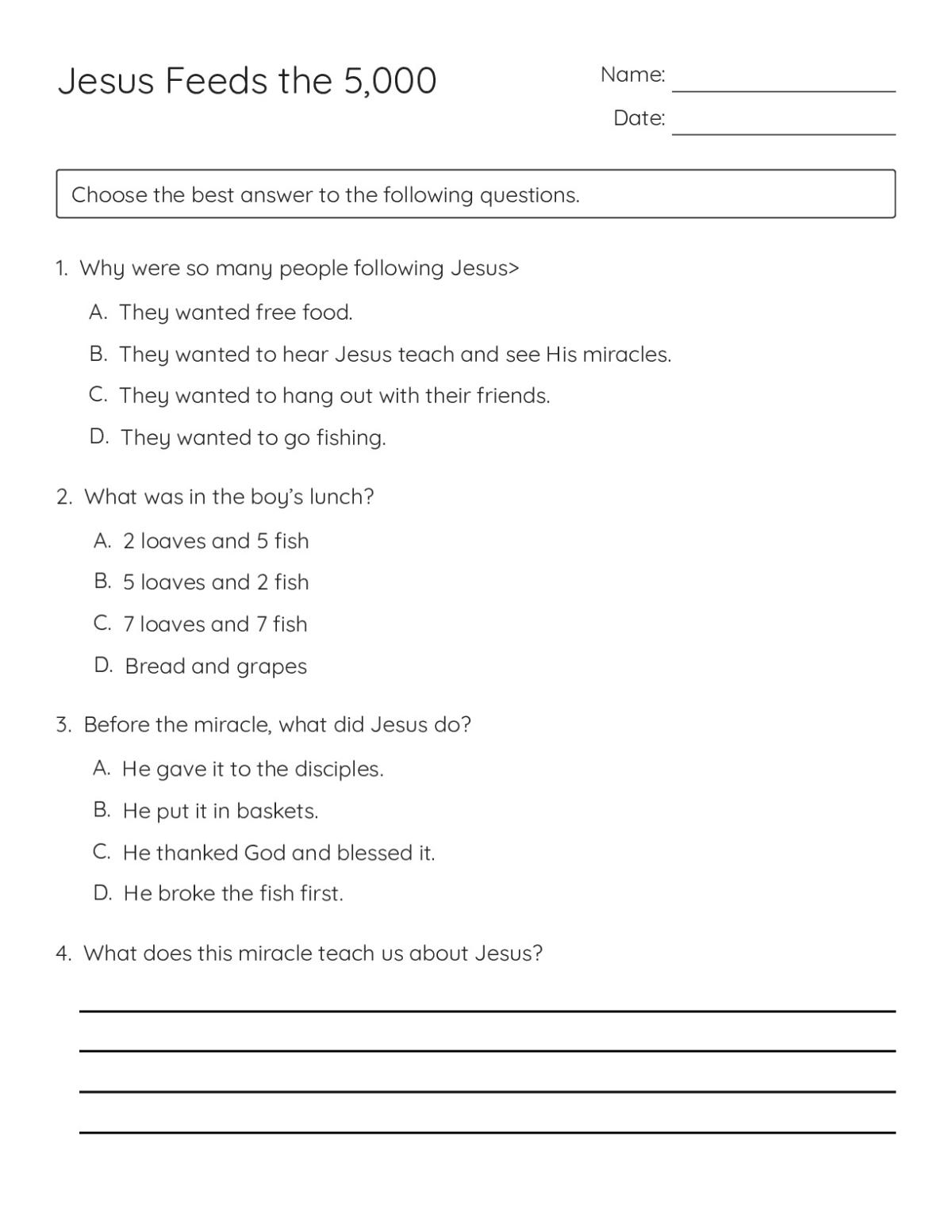 Printable Bible story worksheet for Grades 3 and 4 with multiple-choice questions about Jesus feeding the 5,000.