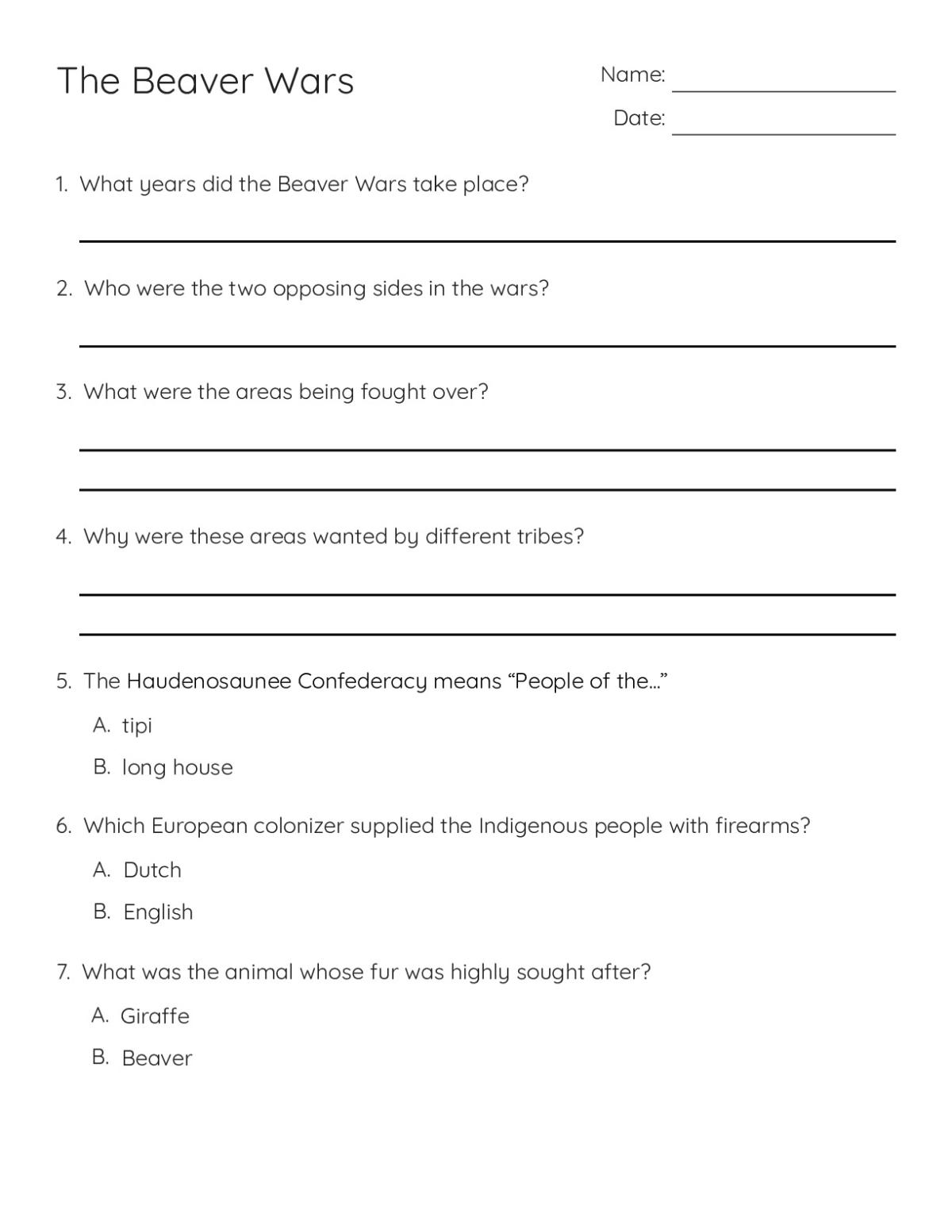 Printable 9th grade history worksheet with questions about the Beaver Wars, Indigenous tribes, and the fur trade in colonial America.