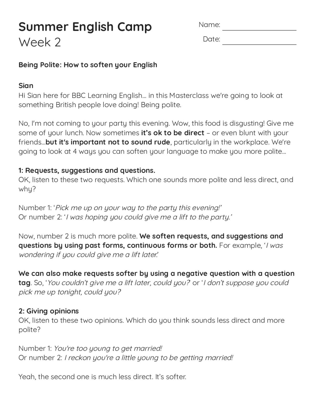 ESL worksheet for Grades 8 and 9 teaching politeness strategies and multiple-choice practice on softening language in English.