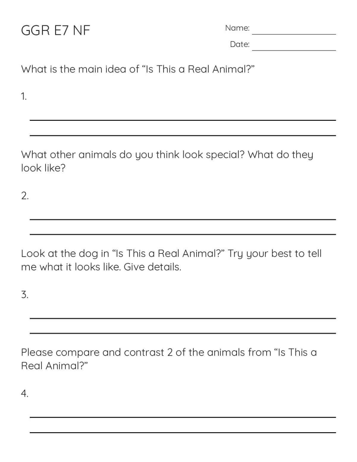 Printable 2nd grade reading comprehension worksheet with questions about "Is This a Real Animal?" including main idea and description prompts.