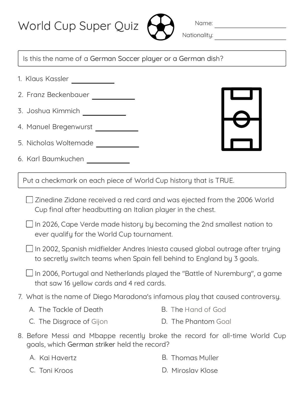 World Cup quiz worksheet with questions about famous soccer players, iconic moments, and World Cup history trivia.