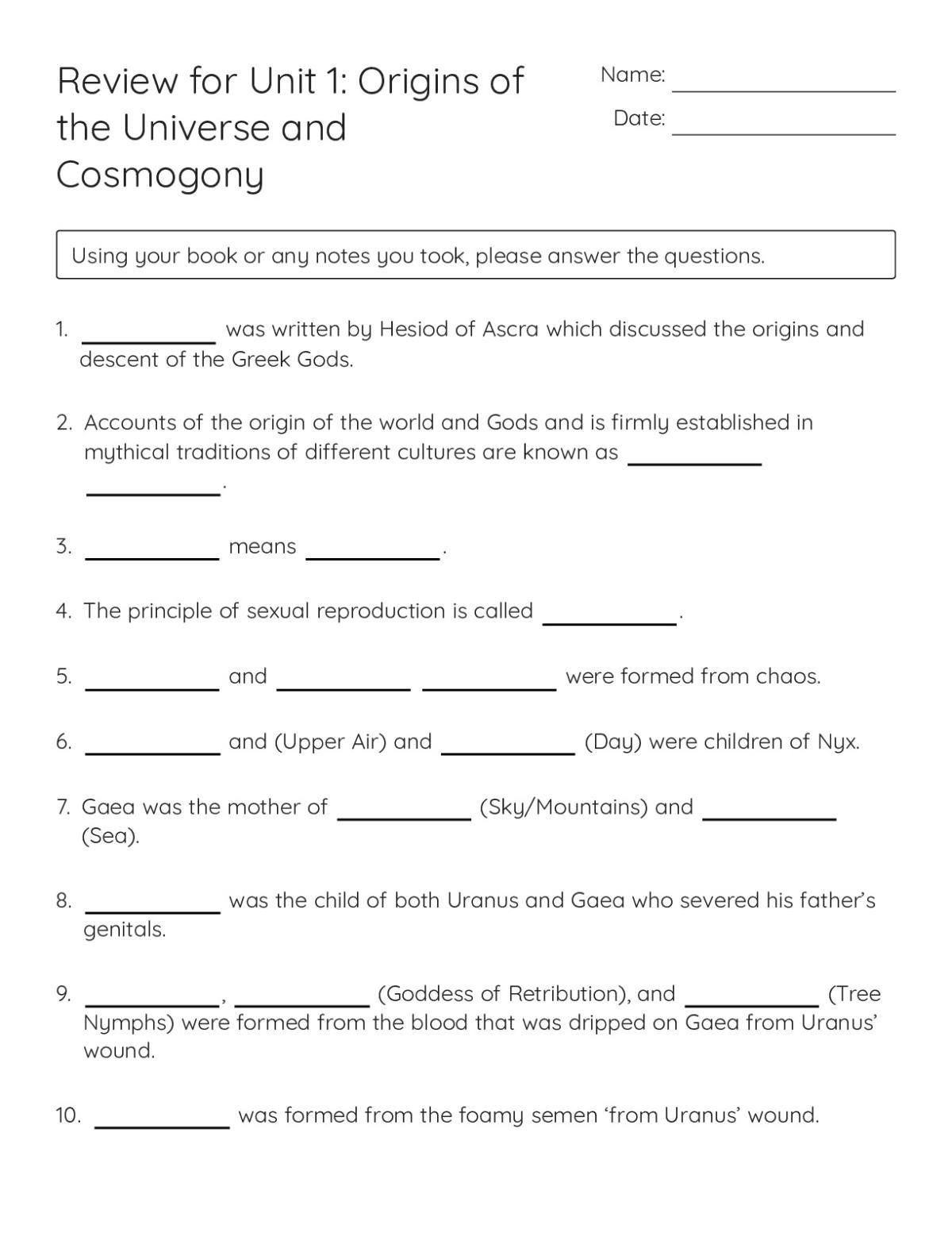 Printable 9th grade mythology review worksheet with fill-in-the-blank questions on Greek gods and creation myths from Theogony.
