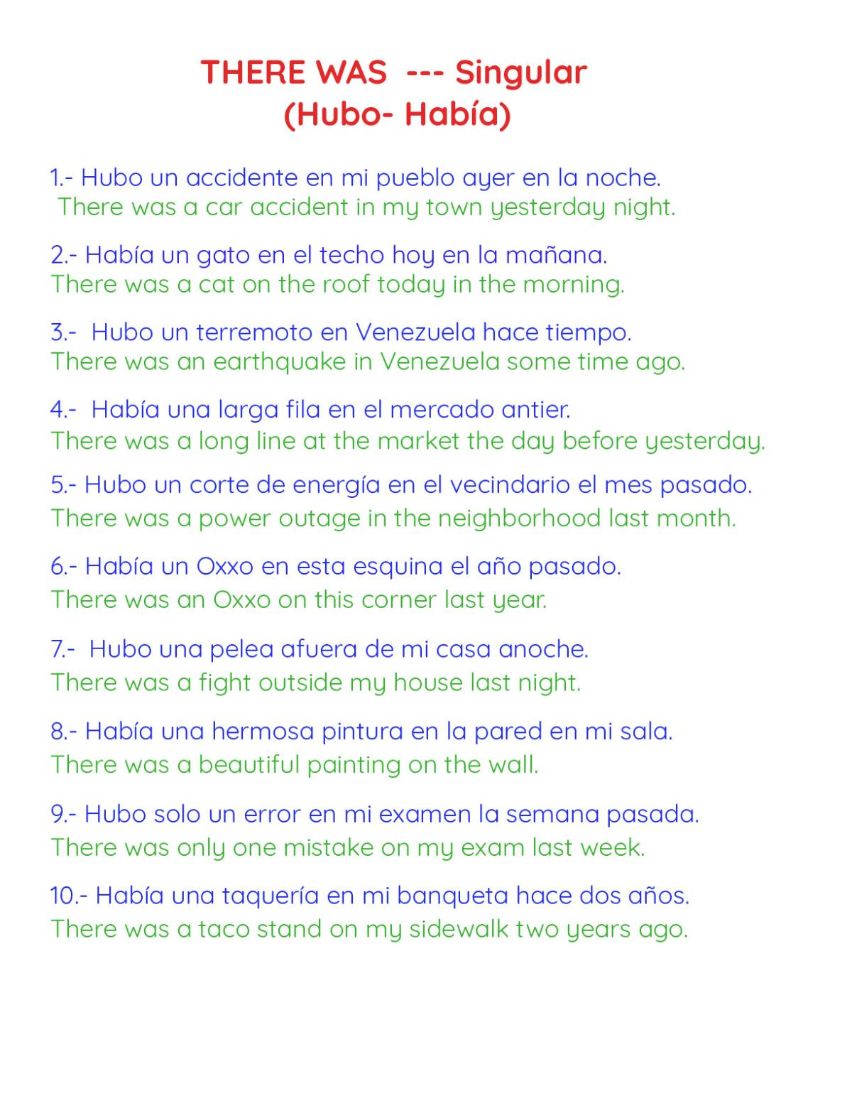 Bilingual Spanish-English worksheet showing examples of singular \"there was\" using hubo and había with ten past-tense sentences.