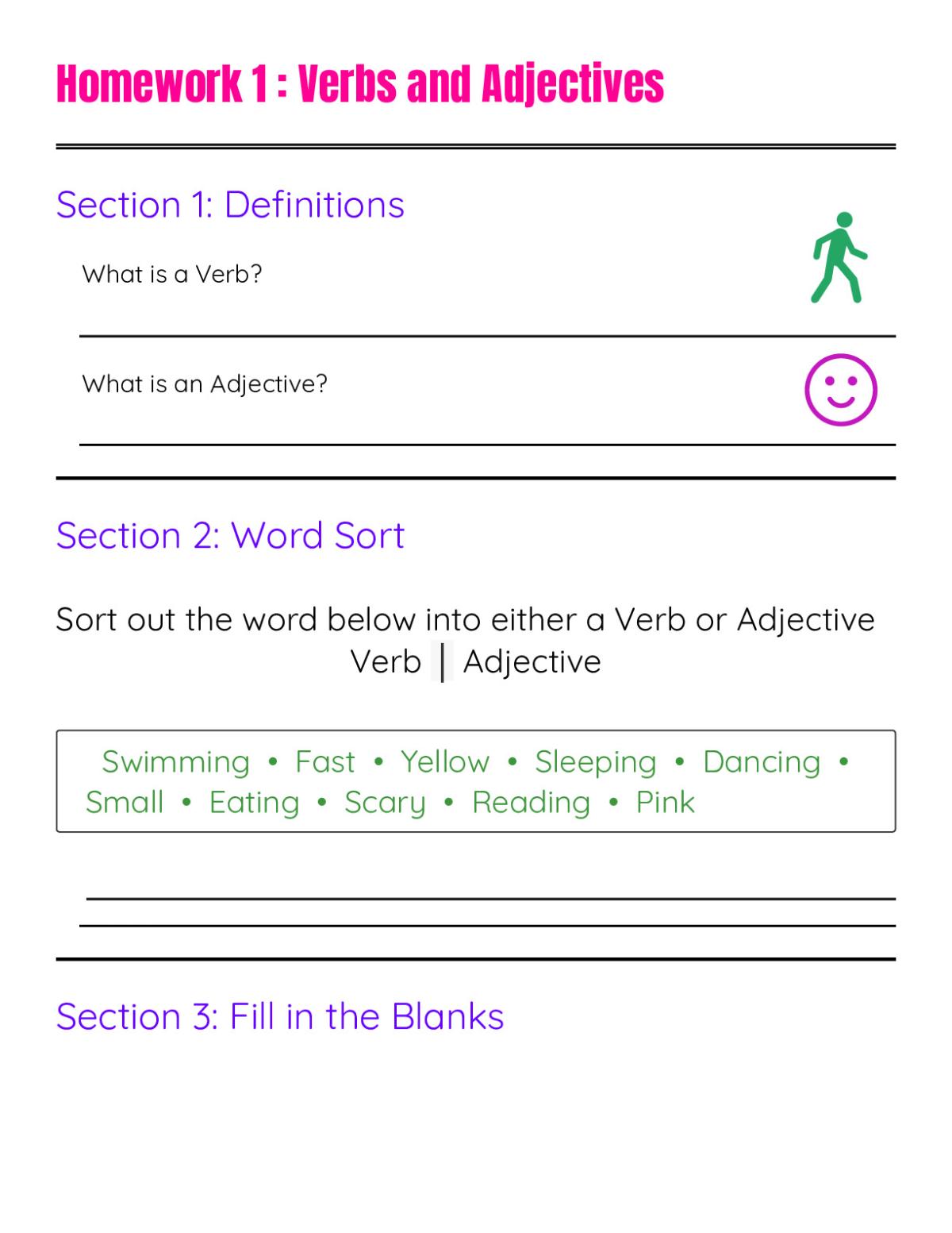 Printable grammar worksheet for Grades 1 and 2 on verbs and adjectives with word sorts and fill-in-the-blank sentences.