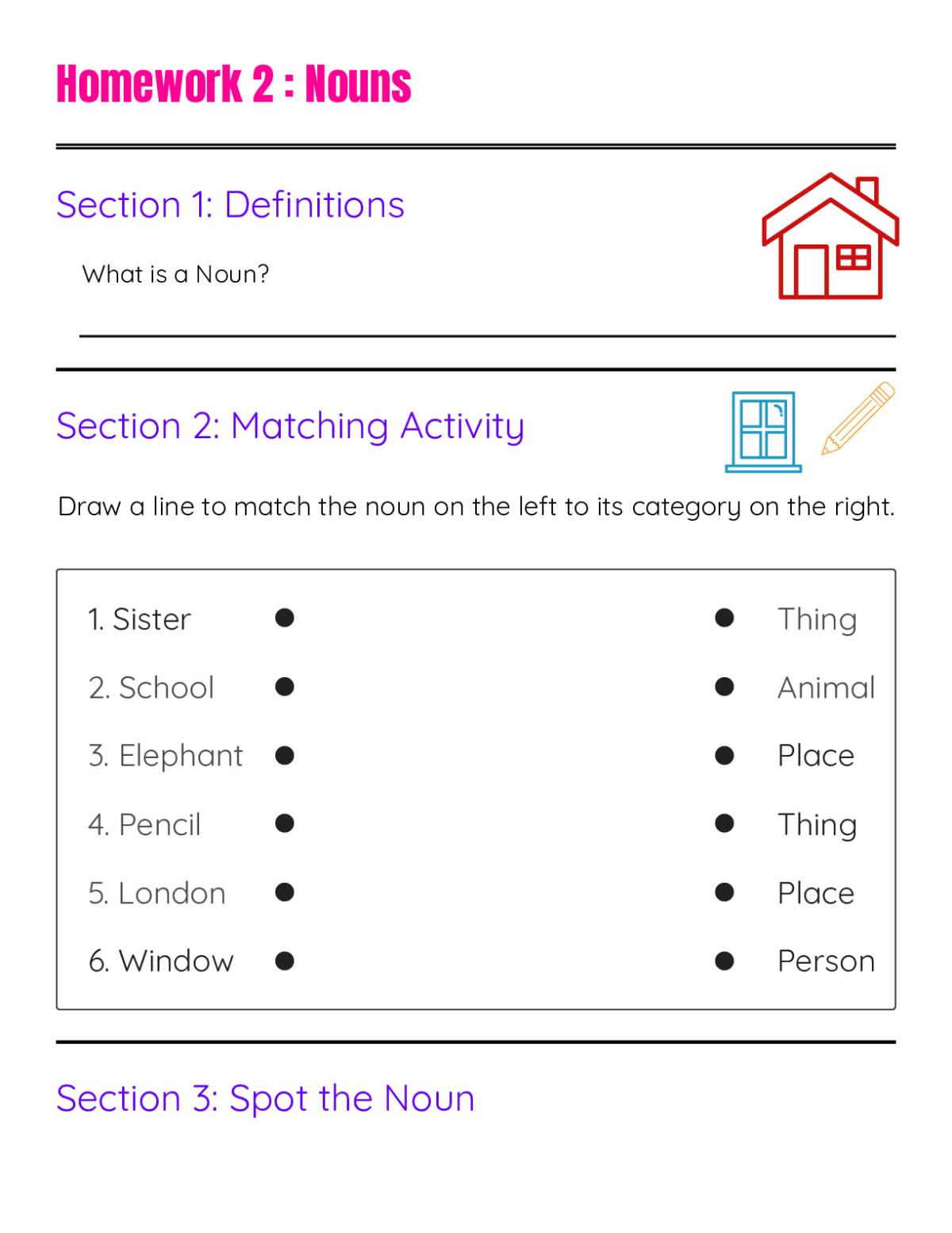 Printable grammar worksheet for Grades 1 and 2 with noun identification, plural formation, and sentence writing activities.