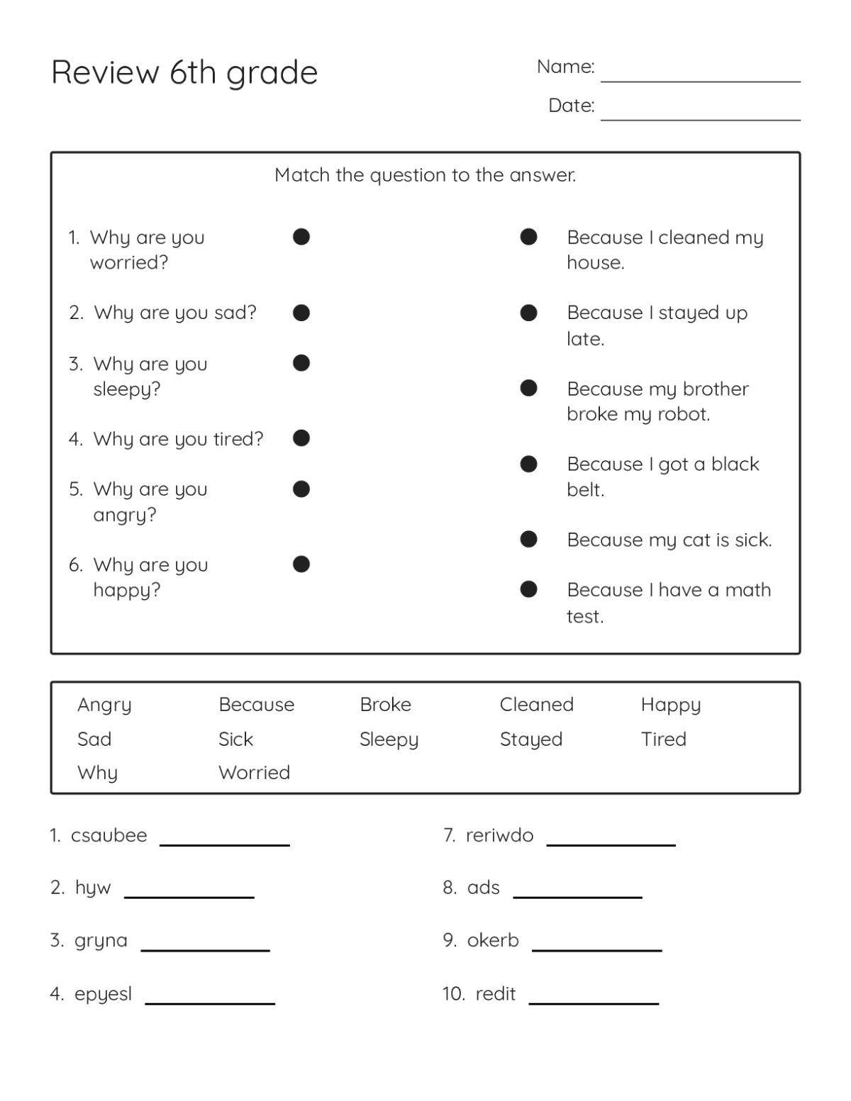 Printable ESL worksheet for Grades 5 and 6 with matching questions on emotions and a 12-word scramble activity.