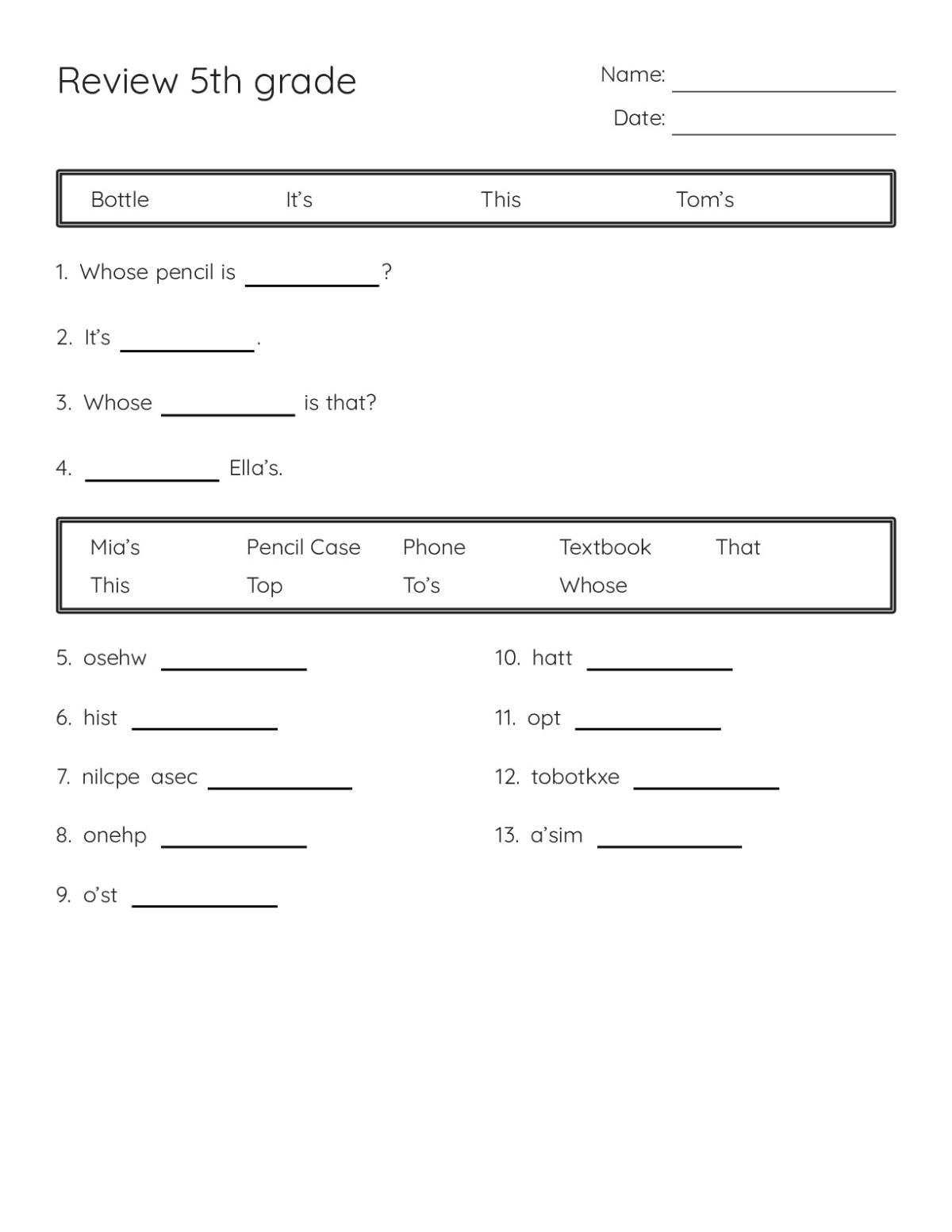 Printable 5th grade ESL grammar worksheet with fill-in-the-blank exercises on possessives, demonstratives, and classroom vocabulary.