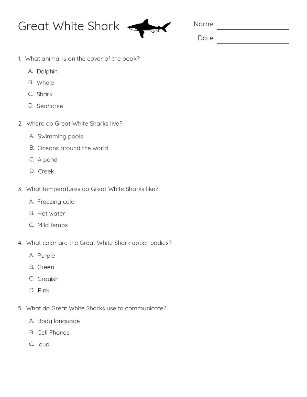 Printable 1st grade science worksheet with multiple-choice questions about great white sharks, their habitat, color, and behavior.