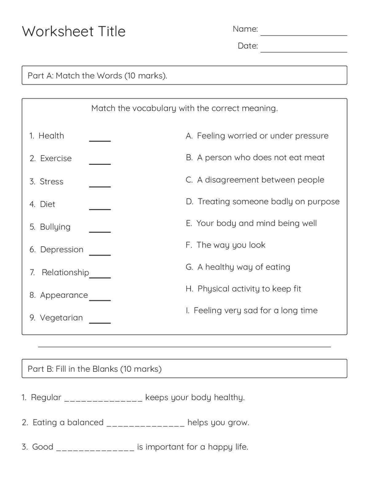 Printable 7th grade health worksheet with vocabulary matching, fill-in-the-blank, and multiple-choice questions on exercise, diet, and bullying.