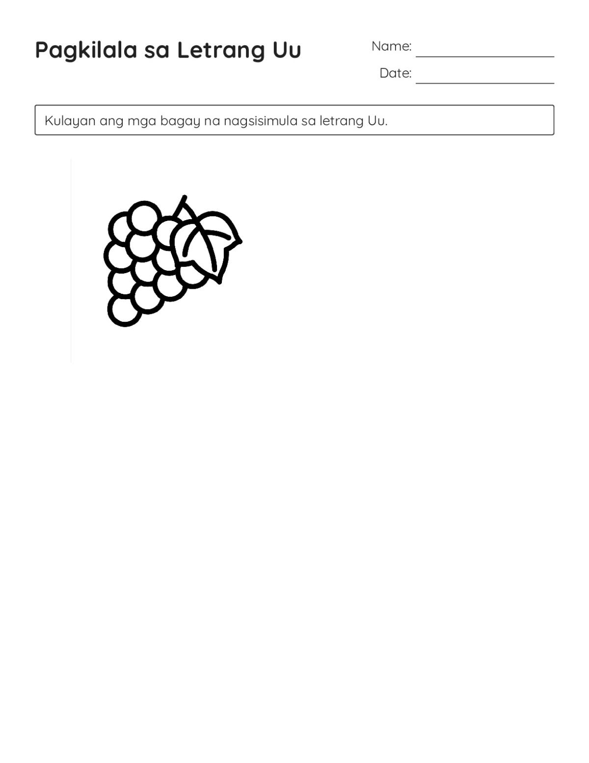 Kindergarten letter U coloring worksheet with images of objects that start with the letter U.