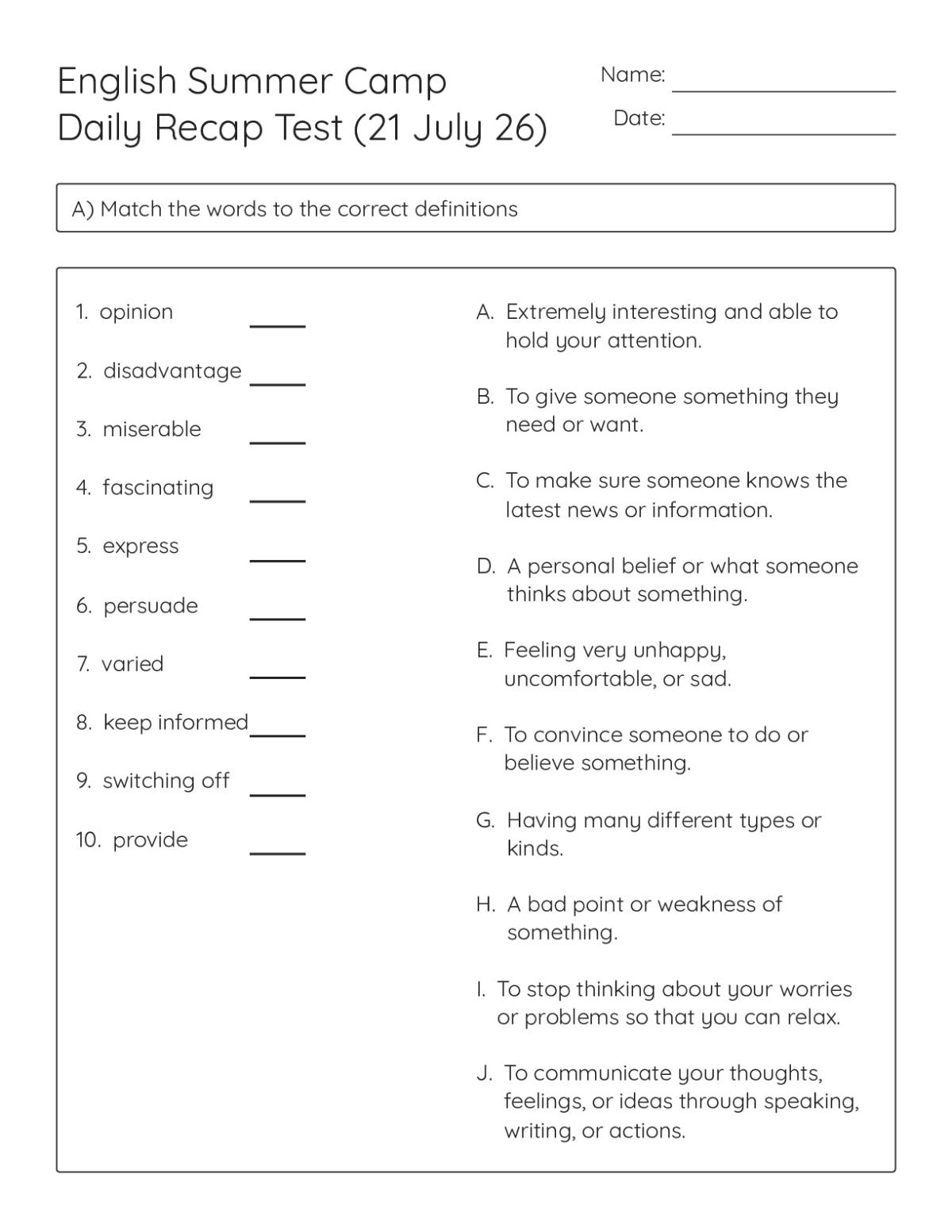 Printable 8th–9th grade English worksheet with vocabulary matching, fill-in-the-blank passage, and persuasive writing prompt about healthy habits.